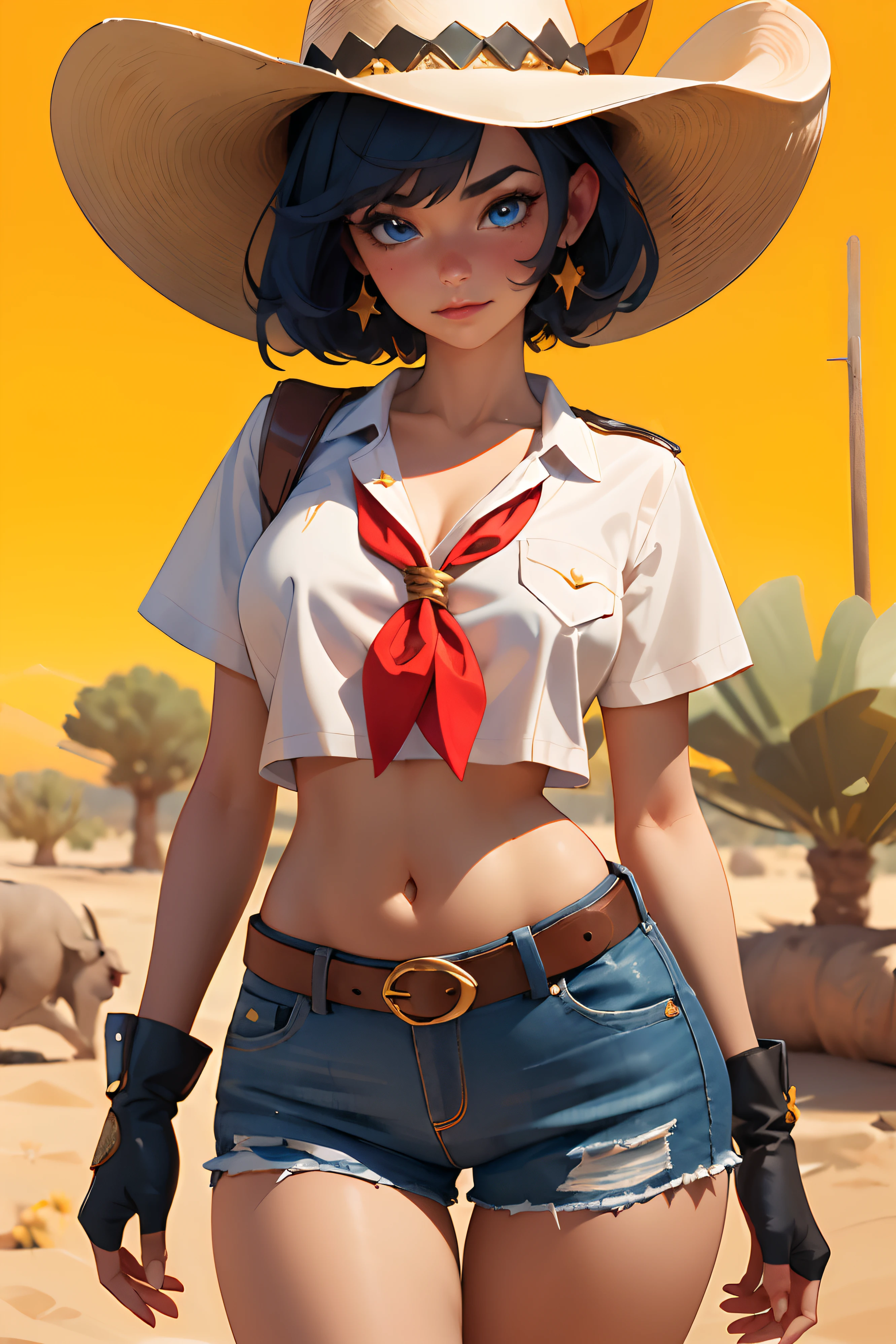 (((((solo))))),(((((masterpiece))))), (((((best quality))))),(((((highly detailed))))), finely detailed, Depth of field,detailed clothes, highres,
1girl, bangs, (beautiful detailed face:1.3), collarbone, collared shirt, ((white shirt)), button open to show cleavage, show belly, blue eyes, golden hair, cleavage, ((cowboy)), (cowboy hat:1.3), short gloves. fingerless gloves, hat, medium breasts, navel, neckerchief, red neckerchief, short hair, short shorts, shorts, healthy thighs, gun belt ,cowboy western, sunny desert background, thigh gap