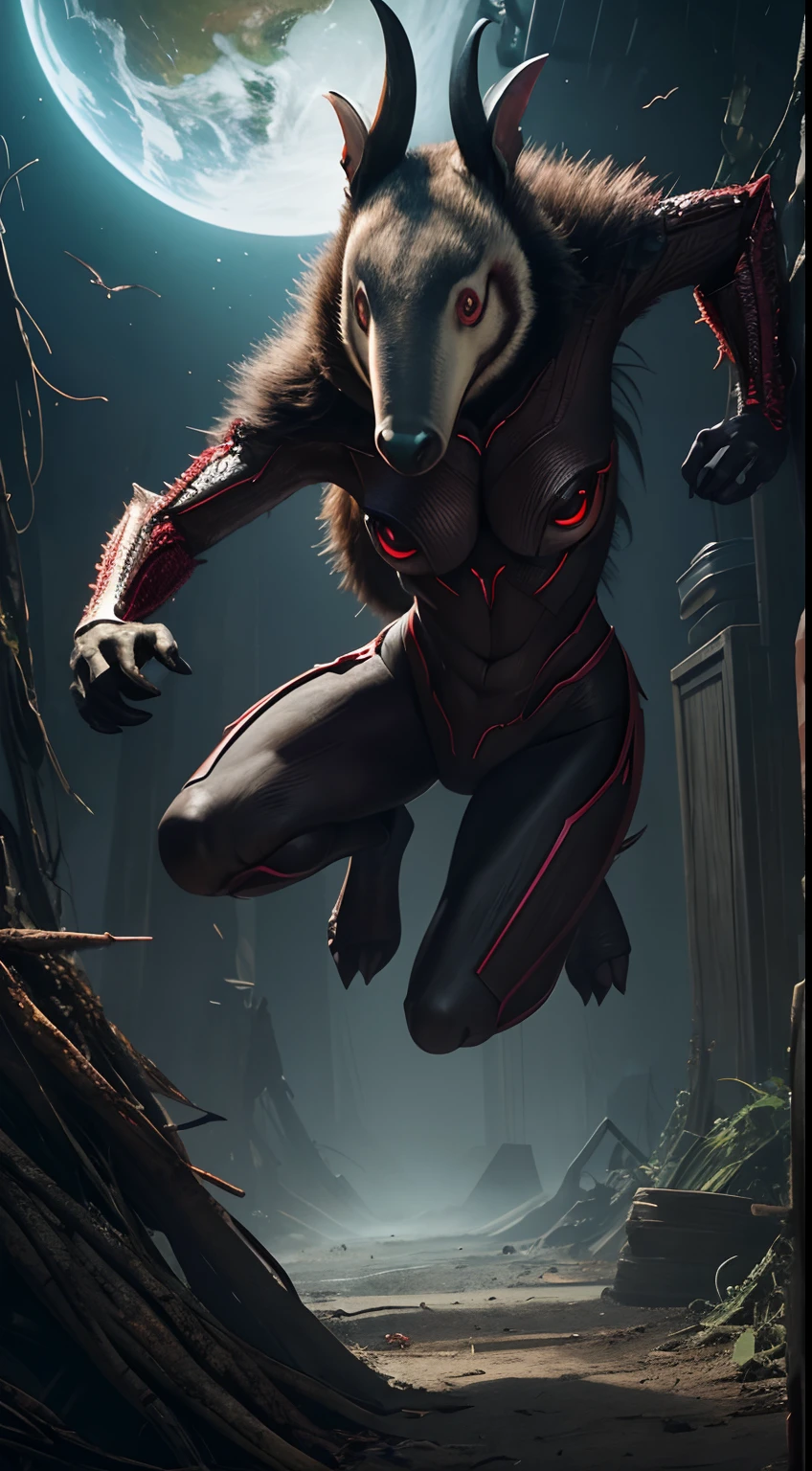 Earth creatures pounce, Anteater Woman, Full body,Animal anthropomorphism, red eyes、cruel、Realistic Digital, Humanoid、Convoluted, epicd, Dramatic, masutepiece, high detailing, Best Quality, 超A high resolution、Horror movie lighting