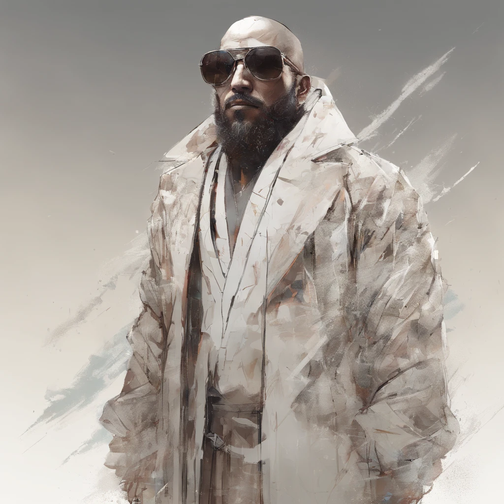 fullllbody,Perfect alignment, Sand monk in jacket，, Wearing sunglasses, cheerfulness, Standing, Abstract beauty, Centered, Approaching perfection, Dynamic, Highly detailed, Smooth, in 8K, hight resolution, Illustration, art by carne griffiths and wadim kashin, White background