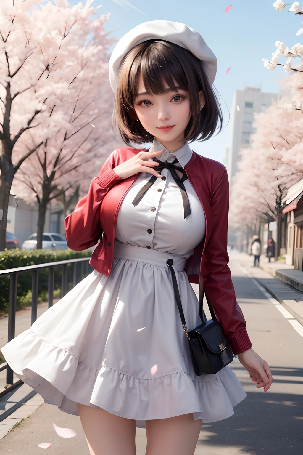 (masutepiece, top-quality),1girl in, 独奏, Black lustrous hair, scarf, Hats, realisitic, looking at the viewers, black eyes of light color, shorth hair, coat, Winter clothes, White headscarf, s lips, lipgloss，bangss,, a closed mouth, The upper part of the body、big eye、Lashes、((Street))、((Shorthair with bangs、big eye、Put very strong highlights in your students、very Bigger breasts、gazing at viewer、Very beautiful beauty、Put all your ears out、long neck、little smiling、Close your mouth and smile、Look firmly at the camera)))、