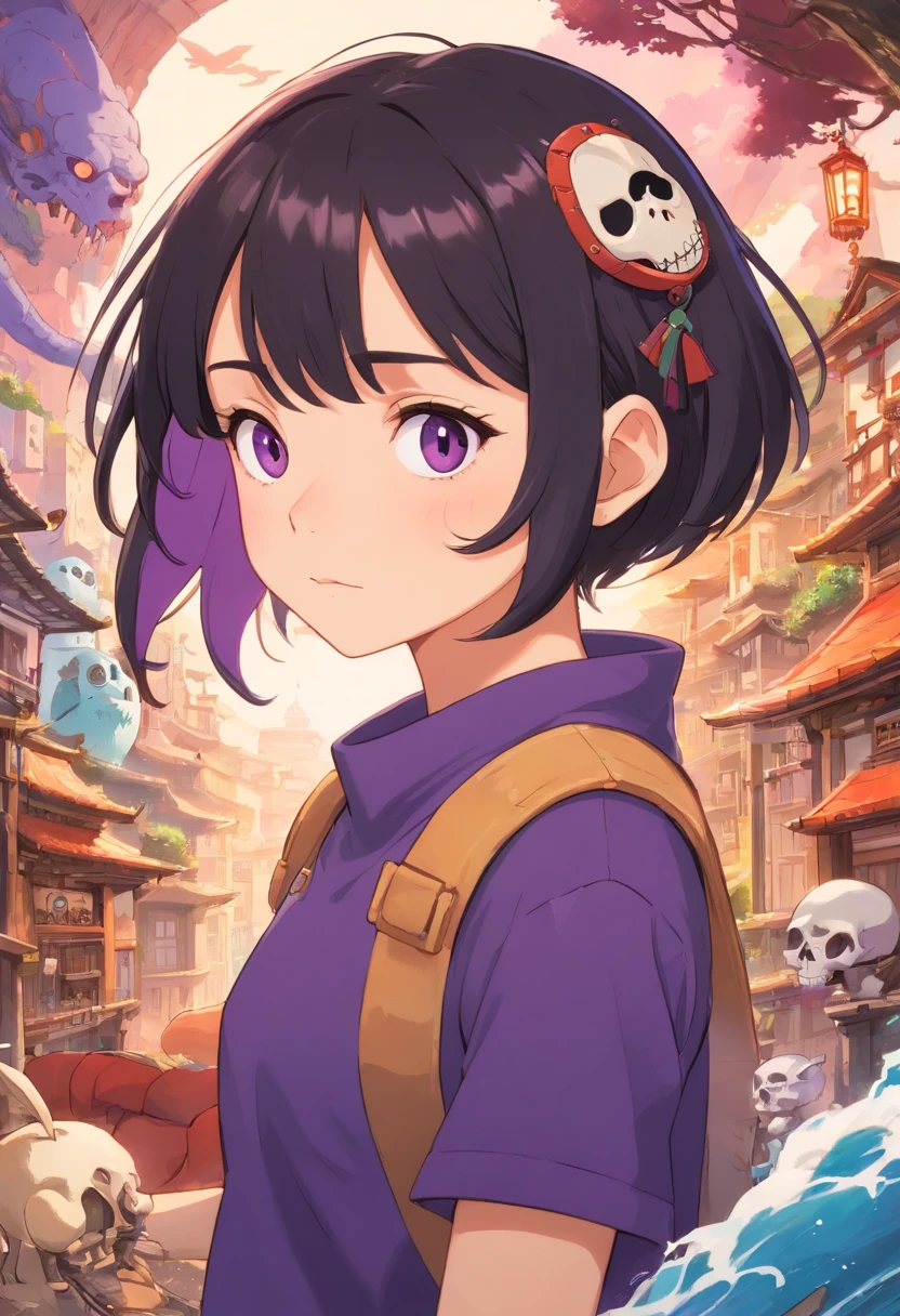 (Obra maestra, La mejor calidad)), (1girl), (solamente), (Enfoque femenino), (brown skin), (Short black to purple hair), )purple eyes, ojos brillante), (Black croptop clothing with a skull illustration), (serio, extremadamente detallado, Lindo, intrincado, fondo blanco, una mano arriba saludando, estilo cartoon.