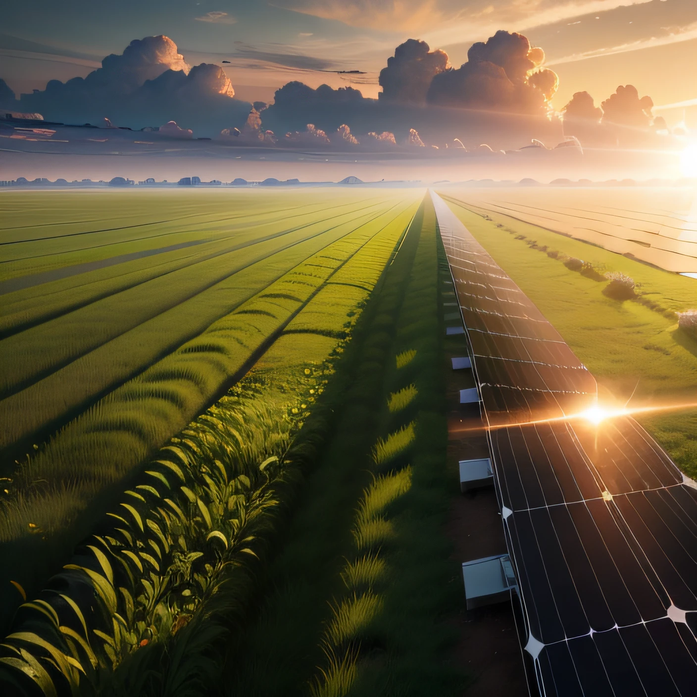 light, the setting sun behind the construction of solar panels over a field of green grass 4K