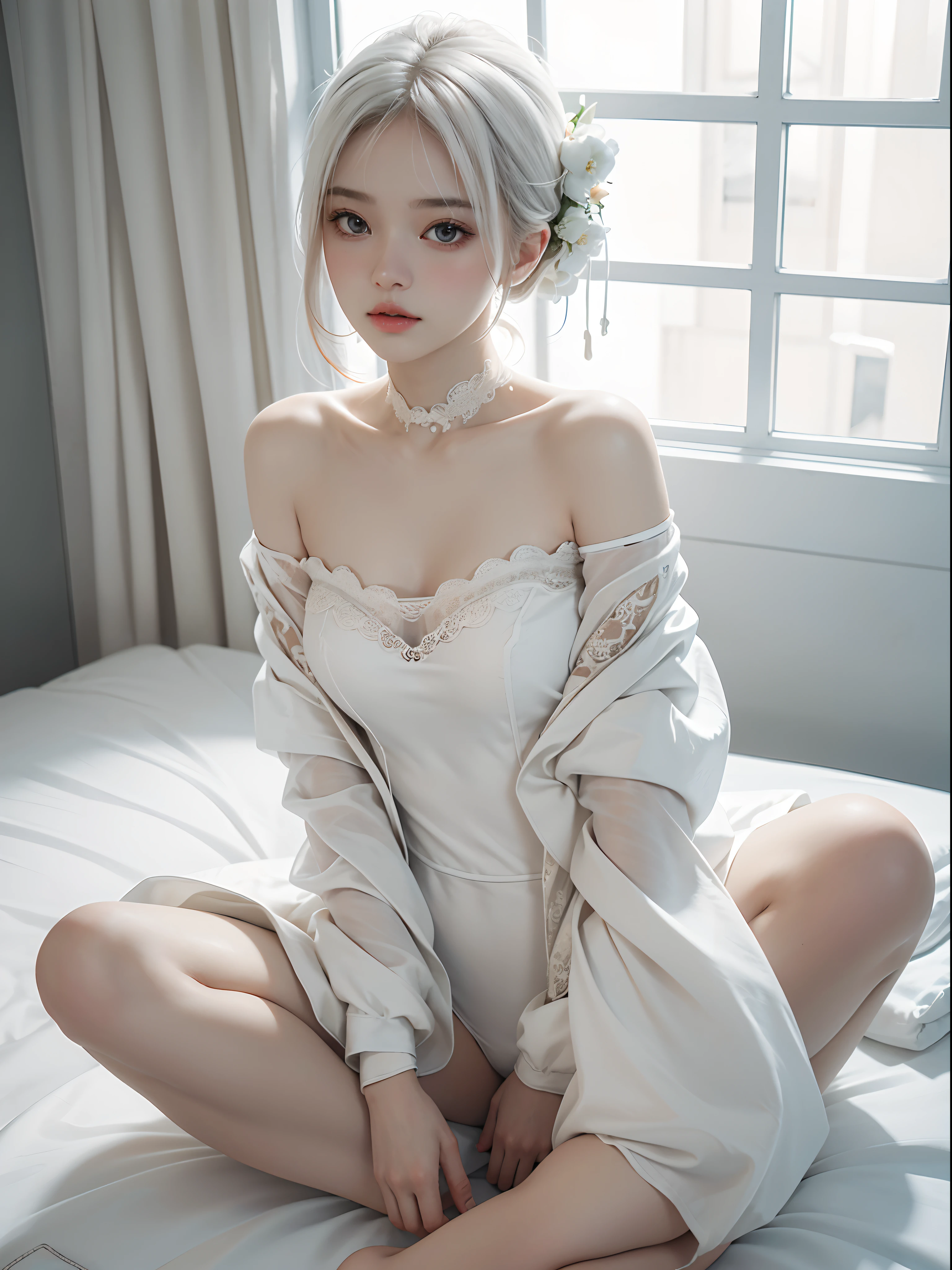 Best quality, masterpiece, ultra high res, (photorealistic:1.4), raw photo, 1girl, off shoulder, araffe woman in white lingerie sitting on a bed, a pastel by Leng Mei, tumblr, dau-al-set, white silky outfit, pale milky white porcelain skin, smooth white tight clothes suit, in white clothes, pale snow white skin, milky white skin, ethereal beauty, captivating and enticing, very ethereal, white hanfu