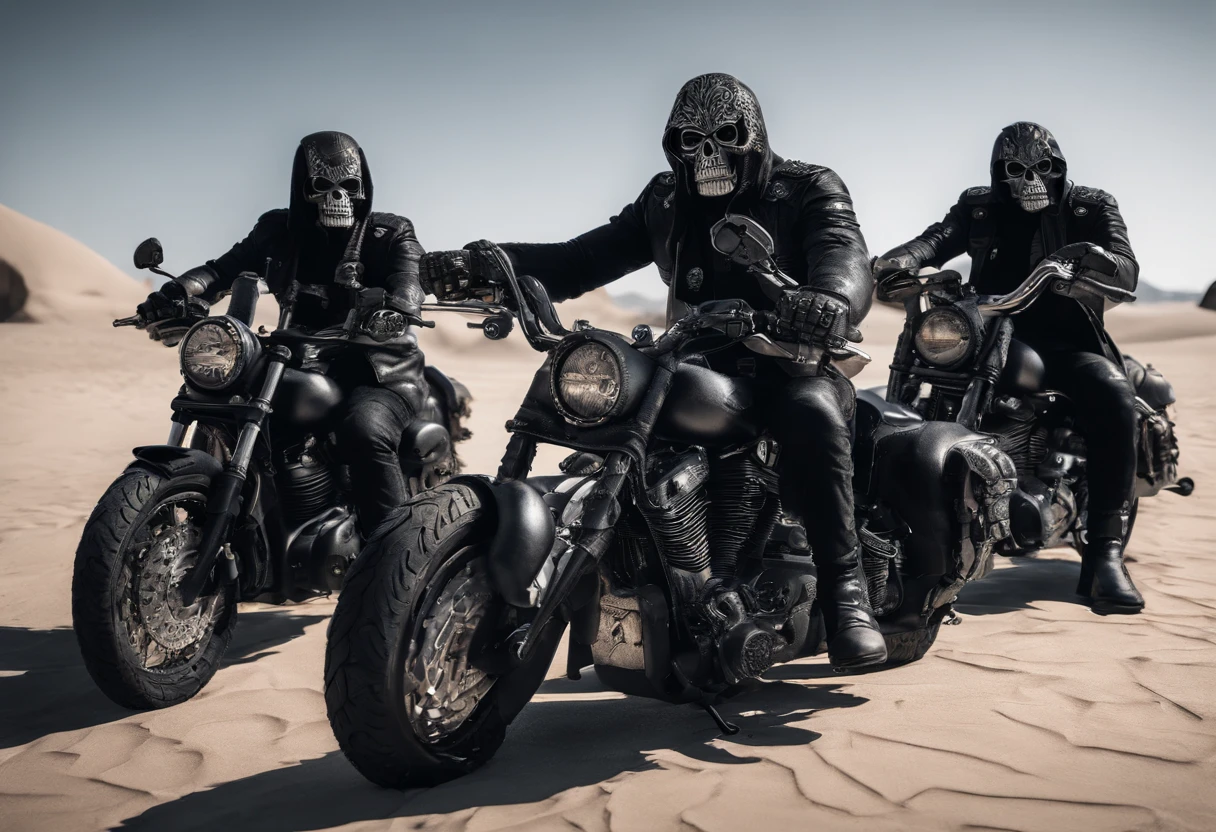 epic cinematic still shot showing 4 Skull Core motorcycle gang wearing their signature chrome Skull helmets with glowing eyes wearing all black leather motorcycle jackets facing off against army forces depicted as many villainous dark furry silverback gorilla men wearing all black military gear armed with random real life military weapons in a epic desert showdown. max quality.