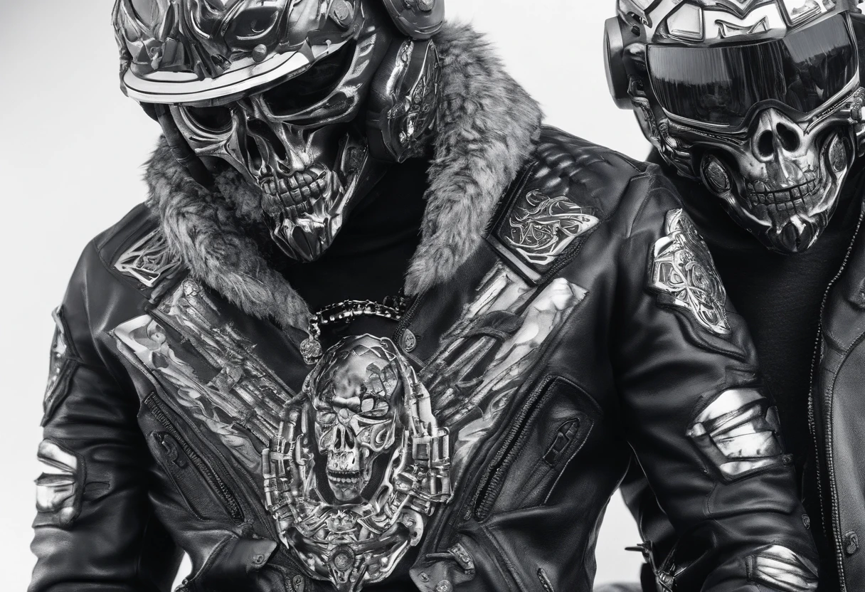 epic cinematic still shot showing 4 Skull Core motorcycle gang wearing their signature chrome Skull helmets with glowing eyes wearing all black leather motorcycle jackets facing off against army forces depicted as many villainous dark furry silverback gorilla men wearing all black military gear armed with random real life military weapons in a epic desert showdown. max quality.