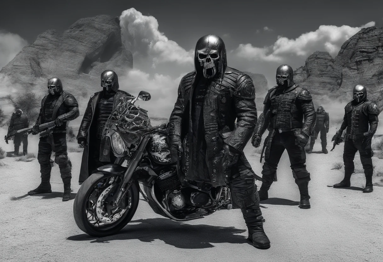 epic cinematic still shot showing 4 Skull Core motorcycle gang wearing their signature chrome Skull helmets with glowing eyes wearing all black leather motorcycle jackets facing off against army forces depicted as many villainous dark furry silverback gorilla men wearing all black military gear armed with random real life military weapons in a epic desert showdown. max quality.