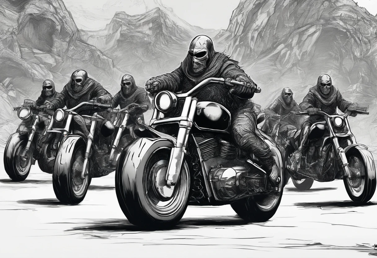 epic cinematic still shot showing 4 Skull Core motorcycle gang wearing their signature chrome Skull helmets with glowing eyes wearing all black leather motorcycle jackets facing off against army forces depicted as many villainous dark furry silverback gorilla men wearing all black military gear armed with random real life military weapons in a epic desert showdown. max quality.