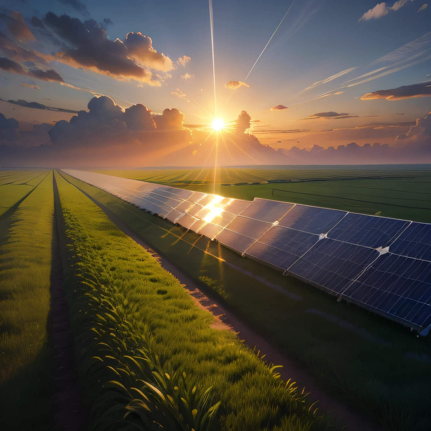 light, the setting sun behind the construction of solar panels over a field of green grass 4K