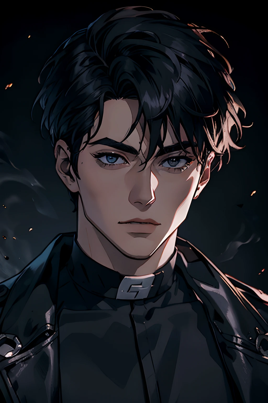 Manhwa Arte Europeo, 25 years old man, Pelo desordenado de la cabecera, Cabello negro azabache, ojos penetrantes, Iris gris, cejas gruesas, Llevar abrigo negro con el logotipo de calavera demoniaca, razor-sharp jawline, mirada penetrante, Cold and mysterious character, 8k, Detailed features, muy guapo