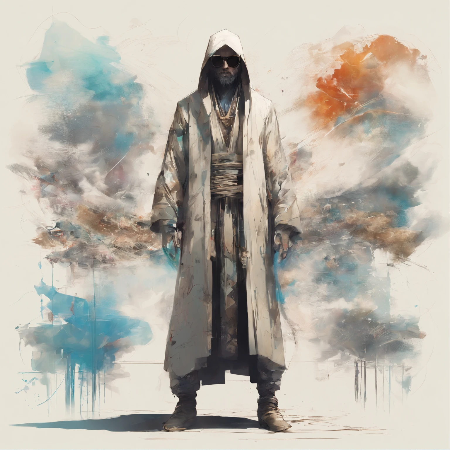 fullllbody,Perfect alignment, Sand monk in jacket，, Wearing sunglasses, cheerfulness, Standing, Abstract beauty, Centered, Approaching perfection, Dynamic, Highly detailed, Smooth, in 8K, hight resolution, Illustration, art by carne griffiths and wadim kashin, White background