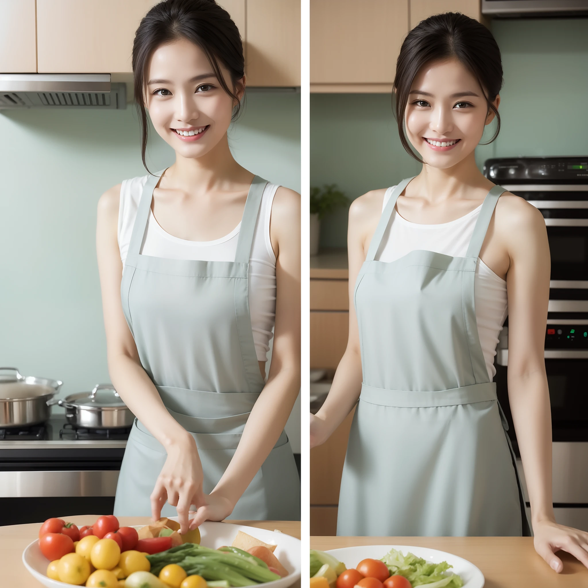 Cook on the kitchen island、A woman who is,wearing apron、rice cooker,cheerful grin、Read the recipe book、Bright vegetables、PhotorealisticCapture, Highly detailed, High resolution 16k close-up of human skin. The skin texture must be natural, detail-rich,Fine identification of pores. The skin should look healthy, In a unified tone. Use natural light and color