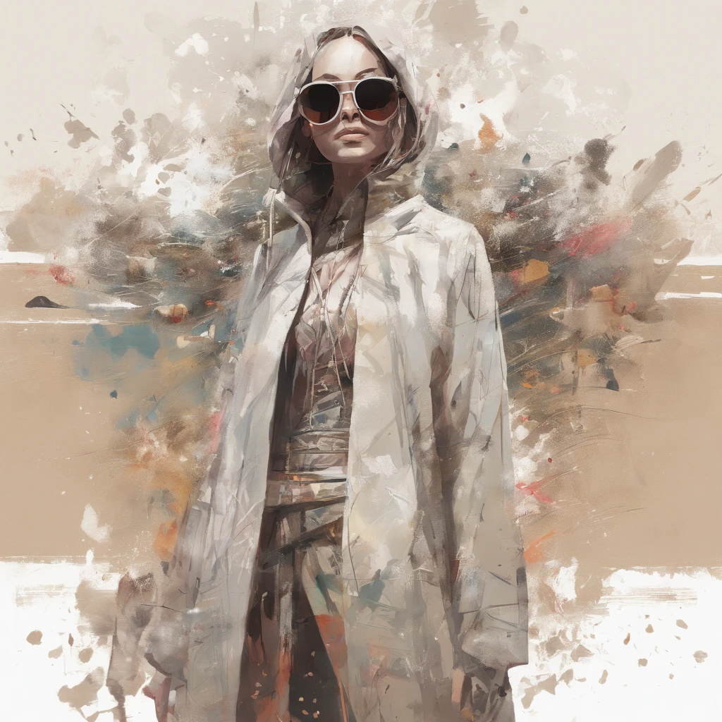 fullllbody,Perfect alignment, Sand monk in jacket,, Wearing sunglasses, cheerfulness, Standing, Abstract beauty, Centered, Approaching perfection, Dynamic, Highly detailed, Smooth, in 8K, hight resolution, Illustration, art by carne griffiths and wadim kashin, White background