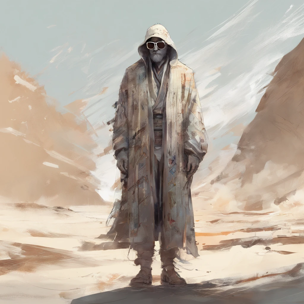 fullllbody,Perfect alignment, Sand monk in jacket,, Wearing sunglasses, cheerfulness, Standing, Abstract beauty, Centered, Approaching perfection, Dynamic, Highly detailed, Smooth, in 8K, hight resolution, Illustration, art by carne griffiths and wadim kashin, White background
