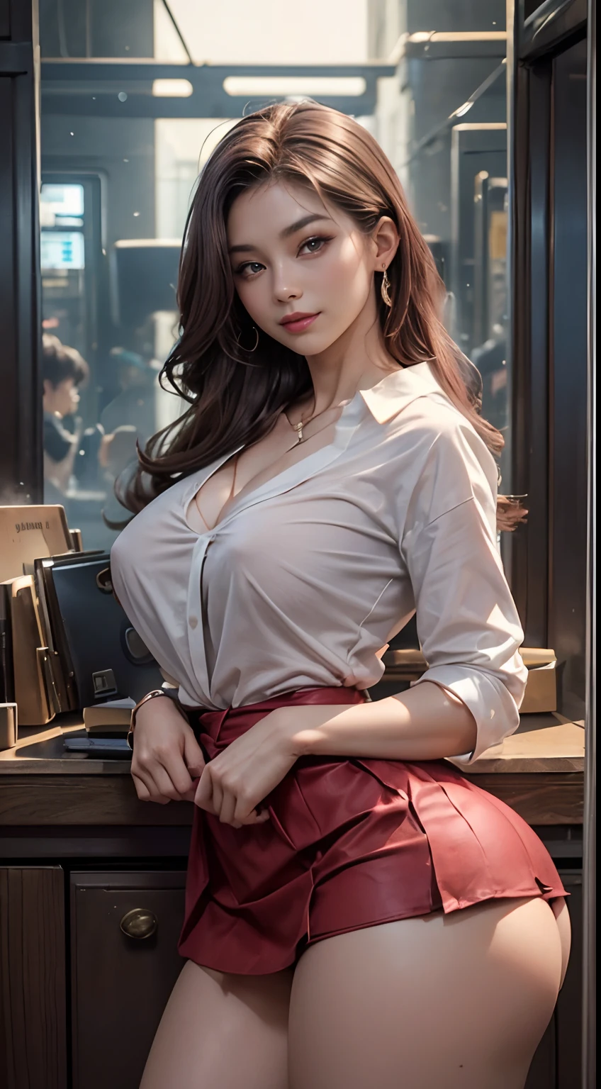 ((top-quality、8K、masterpiece: 1.3))、(Realisticity、real picture: 1.4) , Cowboy Shot、1girl, facing front、(extra detailed face:1.2)、(Perfect body shape beauty: 1.4)、(huge tit、爆乳)、((White V-neck shirt:1.3))、(Red tight skirt:1,4) 、(The costume is on the verge of tearing off:1.8)、beautiful countenance、A detailed face、big eye、perfectly proportions、爆乳、cleavage of the breast、big breasts thin waist、Crotch gap、thighs thighs thighs thighs、(big, toned buttocks、beautifully shaped buttocks :1.5)、Beautiful and seductive smile、(cheerfulness: 1.4)、 prety woman、(A detailed eye)、(long curled hair)、maroon hair、full bodyesbian、s Office、
