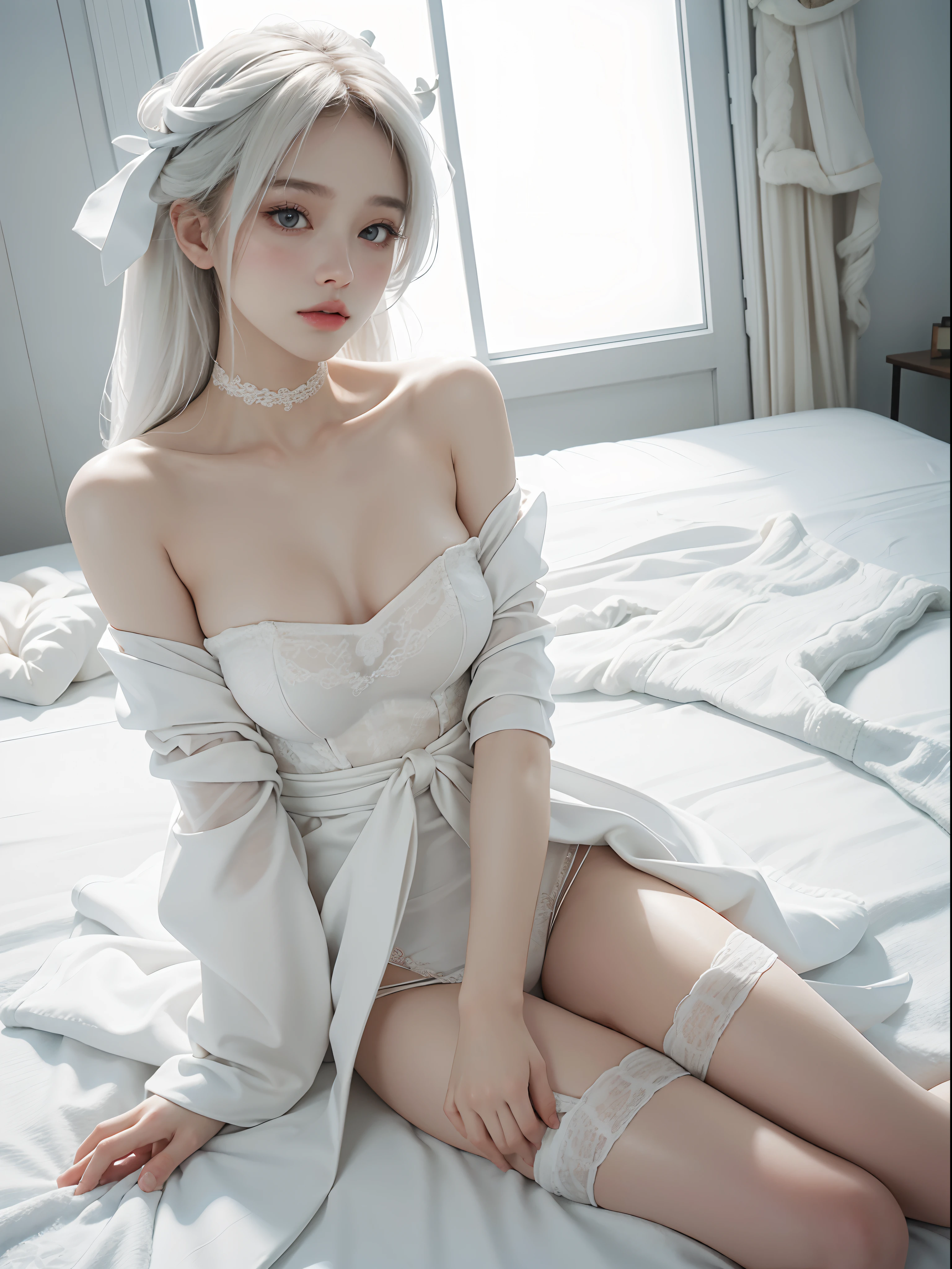 Best quality, masterpiece, ultra high res, (photorealistic:1.4), raw photo, 1girl, off shoulder, araffe woman in white lingerie sitting on a bed, a pastel by Leng Mei, tumblr, dau-al-set, white silky outfit, pale milky white porcelain skin, smooth white tight clothes suit, in white clothes, pale snow white skin, milky white skin, ethereal beauty, captivating and enticing, very ethereal, white hanfu
