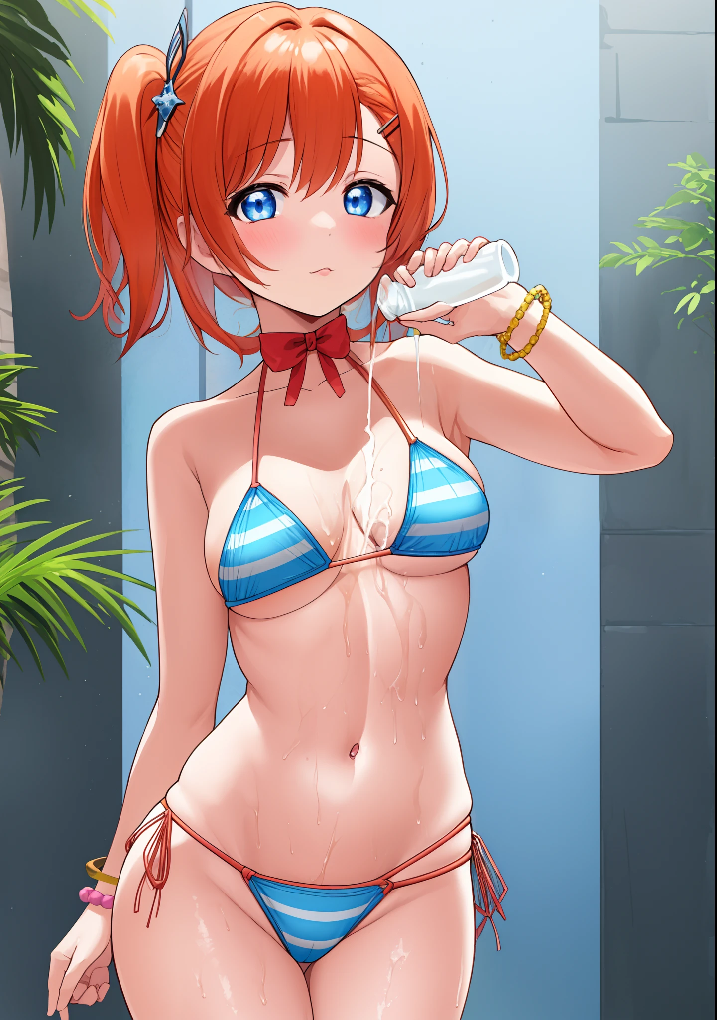 Masterpiece, best quality,Kousaka honoka, pouringontoself, pouring, pouring onto self, milk, bottle, milk bottle,holding, upper body,holding bottle,cowboy shot, blue eyes, orange hair, sexy micro bikini, striped bikini, bracelet, sexy,curvy body, Blush,hair ornament, detailed hair strands