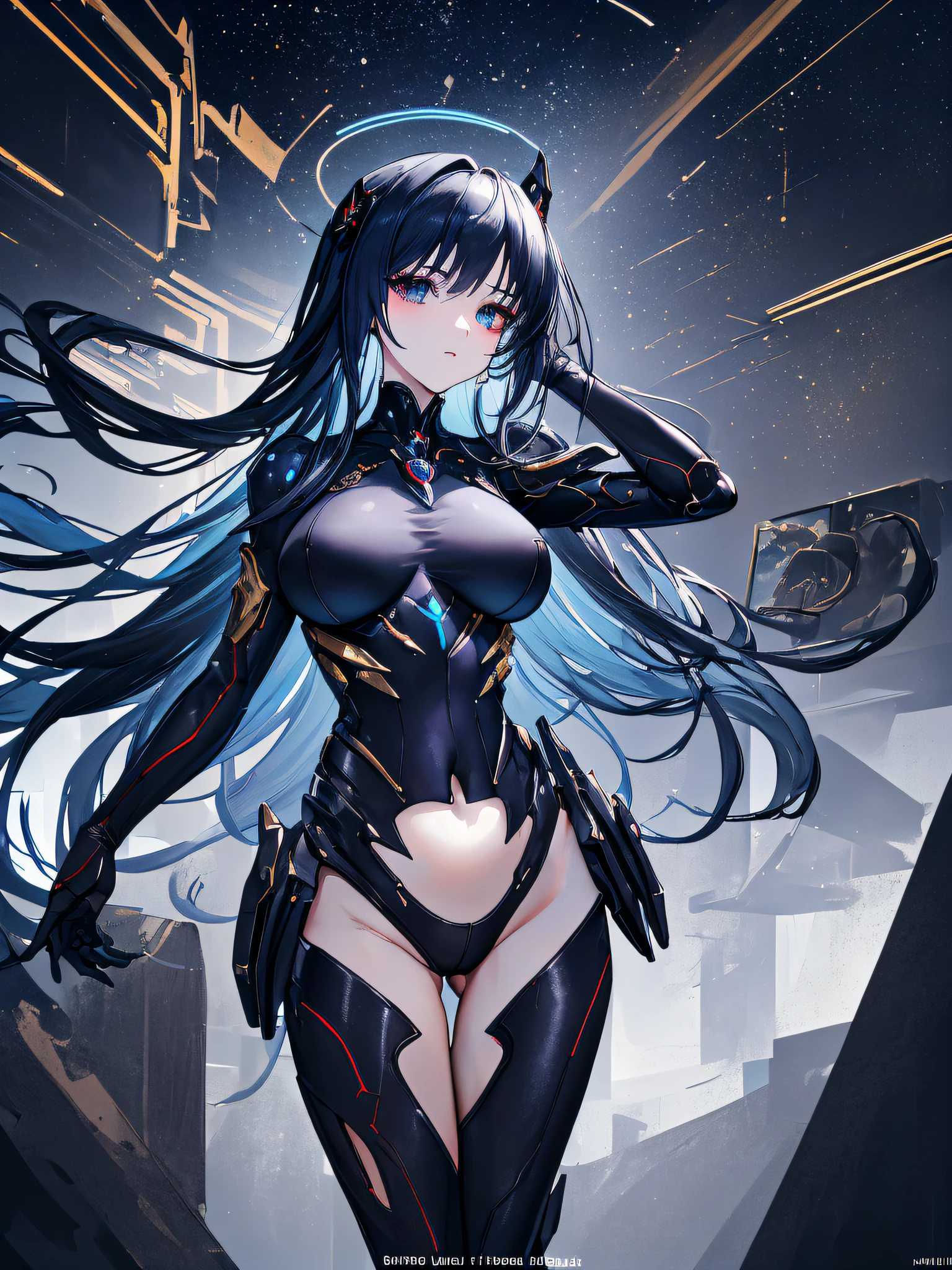 (best quality,highres,masterpiece:1.2),anime,portraits,studio lighting,ultra-detailed,professional,realistic,blue and long hair,pale skin,tall and beautiful,exoskeleton POWERsuit,dark blue,outer space,starship hangar, long legs,big boobs, oil on canevas, brushstrokes, Smooth, Ultra high definition, 8K, unreal enginee 5, Ultra Sharp Focus,, ArtGerm, Roisch, nffsw, intricate artwork masterpieces, sinister, matte painting movie poster, Golden ratio, Trending on CGSo