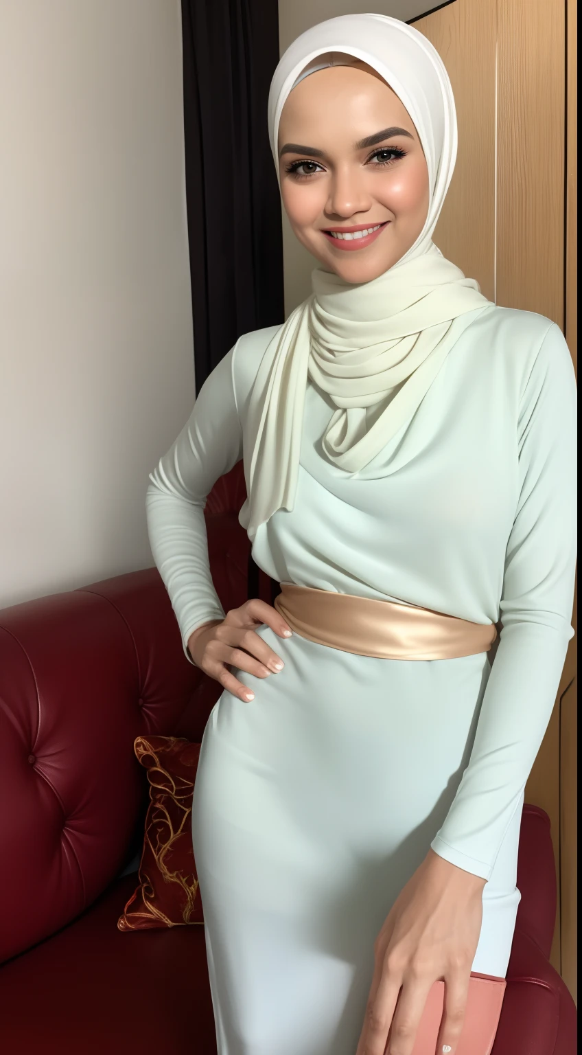 Malay girl, very short white hair, Sculpted Pixie cut hair, wear baju kurung, happy pose, front view, windy, detail skin, age spot, detail skin texture, mole below eyes, small breast, flat chest, wide hips, small waists, thick thighs, slim abs, beautiful body, nighttime, laughing, happy, bright lighting, white hotel living room, blur background, bokeh,