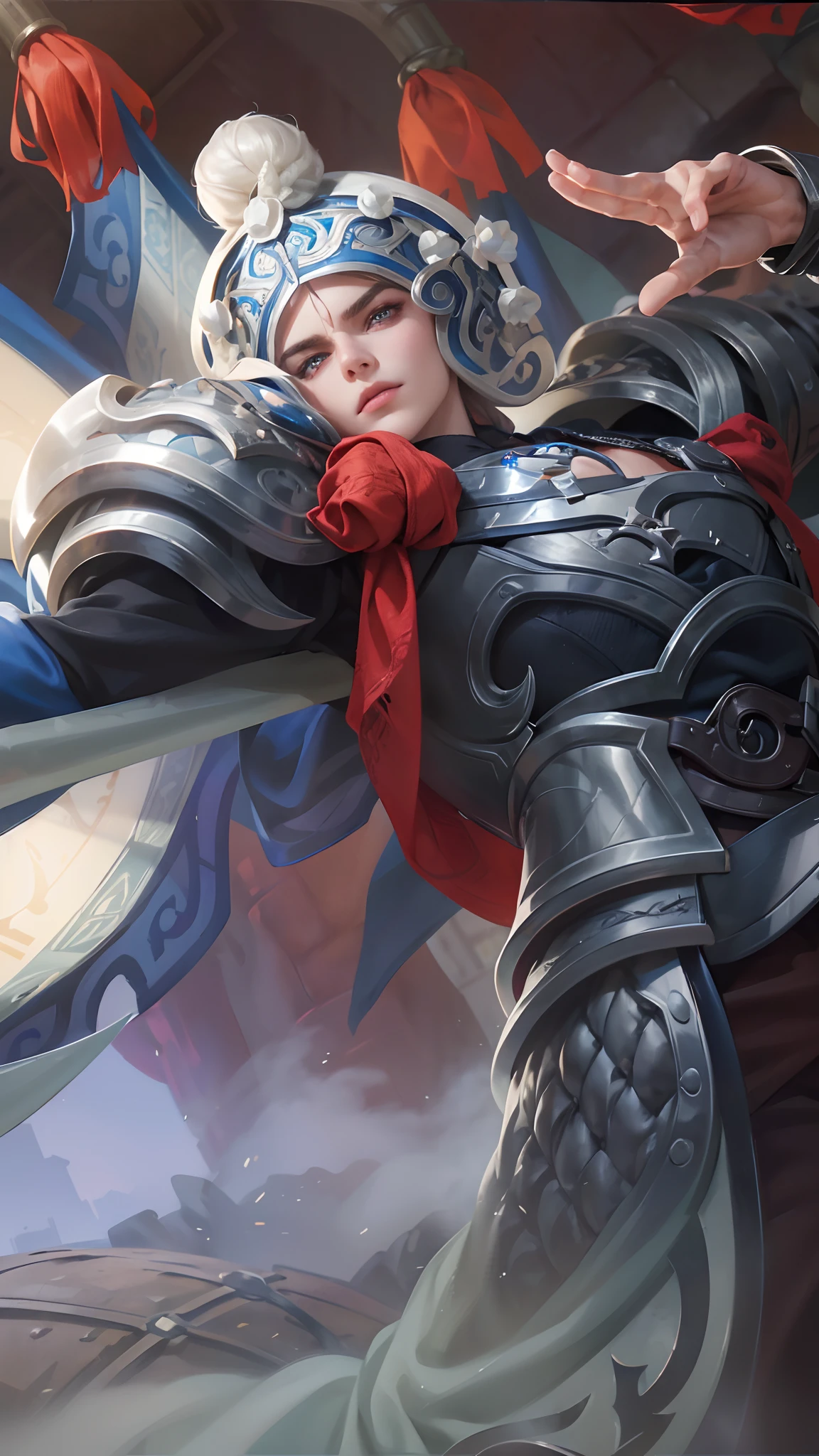 boy,handsome,19 years old, finely detailed eyes,blue eyes,skin light tone,blond hair, intricate details, portrait, looking at viewer, solo, (full body:0.6),intricate details,(best quality, masterpiece, colorful, highest detailed),8k ,detailed background, detailed face,  dynamic pose,purple commander armor,commander, high fantasy medieval setting, dark alleyway background,night