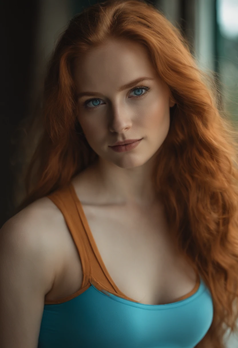 18 year old, medium ass and tits, long ginger hair, ice blue eyes, mini skirt and sports bra