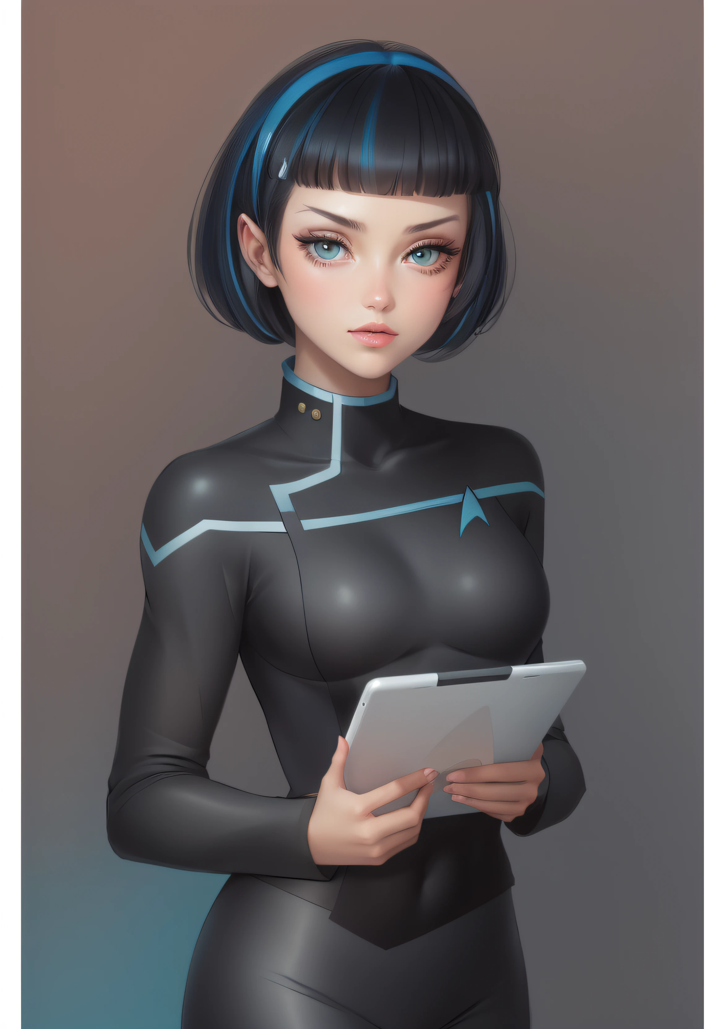 Un dibujo de una mujer con un vestido sosteniendo un libro, Lineart perfecto, sharp lineart, Lineart de bola, Lineart limpio, Lineart simple, Futuristic member of the spacecraft crew, Lineart negro grueso, Arte lineal, Retrato Anime Space Cadet Girl, en uniforme de la Flota Estelar, Lineart grueso, Arte lineal intenso, Arte lineal minimalista, Lineart pesado, Arte lineal simple, 1girl, star trek, solo, pelo corto, flequillo recto, tight suit, mirando al espectador, fondo azul, cabello negro, fondo simple, dos lados hacia arriba, ojos azules, labios, boca cerrada, cinta, cinta de pelo, flequillo, parte superior del cuerpo, flequillo partido, cinta negra, sosteniendo un ipad, holding a tablet