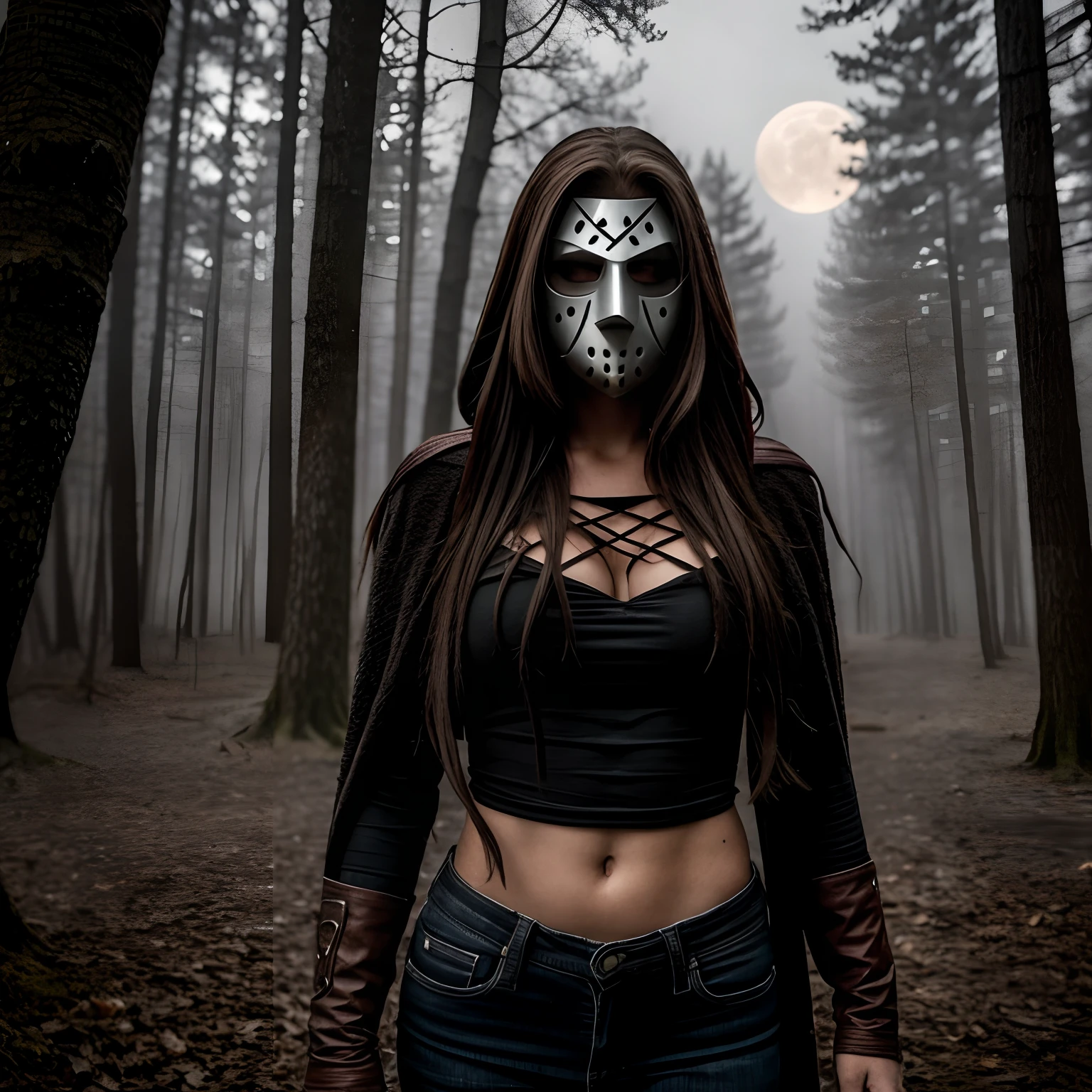 Generate a striking photograph of Autumn in her mid-20s, standing at approximately 5'4". She embodies a female version of Jason Voorhees from the Friday the 13th franchise. Her long, wavy chestnut hair cascades eerily over her shoulders, and her athletic hourglass figure, including her full bust, is cloaked in a sinister yet alluring manner. Her complexion is pallid, creating an eerie contrast with her dark attire.Cloaked in a gender-bent, menacing interpretation of Jason Voorhees' iconic attire, Autumn wears a tattered and blood-spattered hockey mask that conceals the upper part of her face. Her clothing consists of a weathered, blood-stained hockey jersey with the number 13, paired with distressed, dirt-covered jeans and heavy, mud-caked boots.The photoshoot takes place in a creepy, moonlit forest by the shores of Crystal Lake. The atmosphere is shrouded in fog, and the dim moonlight casts eerie shadows through the trees, creating a chilling ambiance.Autumn strikes poses that convey both malevolent power and eerie allure. She might menacingly wield a bloodied machete or axe, poised to strike, while her expressive brown eyes gleam malevolently through the eyeholes of the hockey mask. Her stance exudes a sinister confidence that captures the essence of Jason Voorhees.Intense look and makeup, asymmetrical mask design, photorealistic, moonlit lighting, ominous fog, reflective machete/axe blade, visible gore and bloodstains, chilling shadows, intricate, elaborate, hyper-realistic.