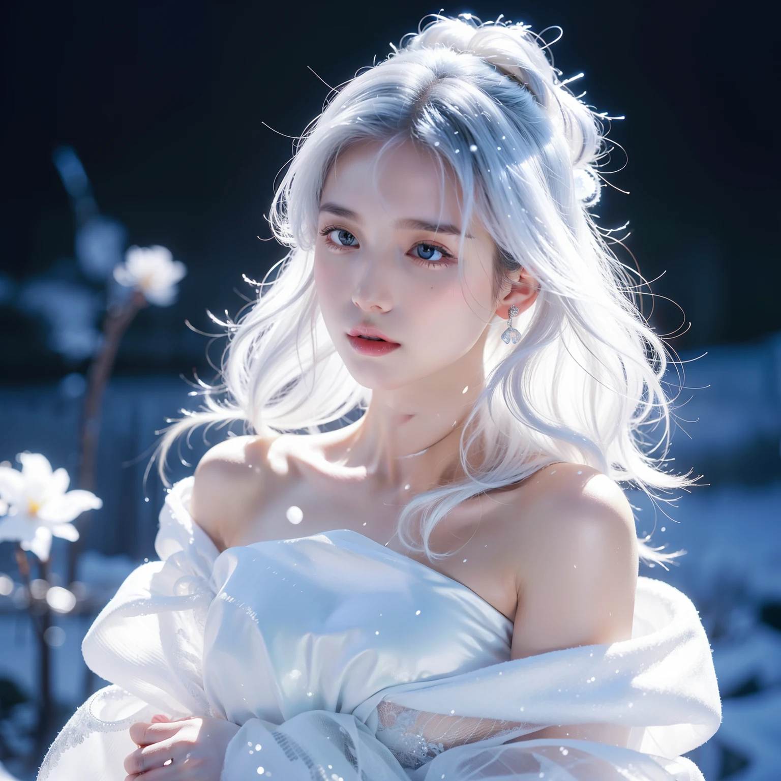 1girll,(Snow,Ice), snowflower, In winter, White hair, Shiny hair, Wavy hair, Transparent clothes, frilld, Lace, Wet clothes, Off_Shoulder, hair scrunchie,Masterpiece, Telephoto lens, absurderes, Exquisite facial features