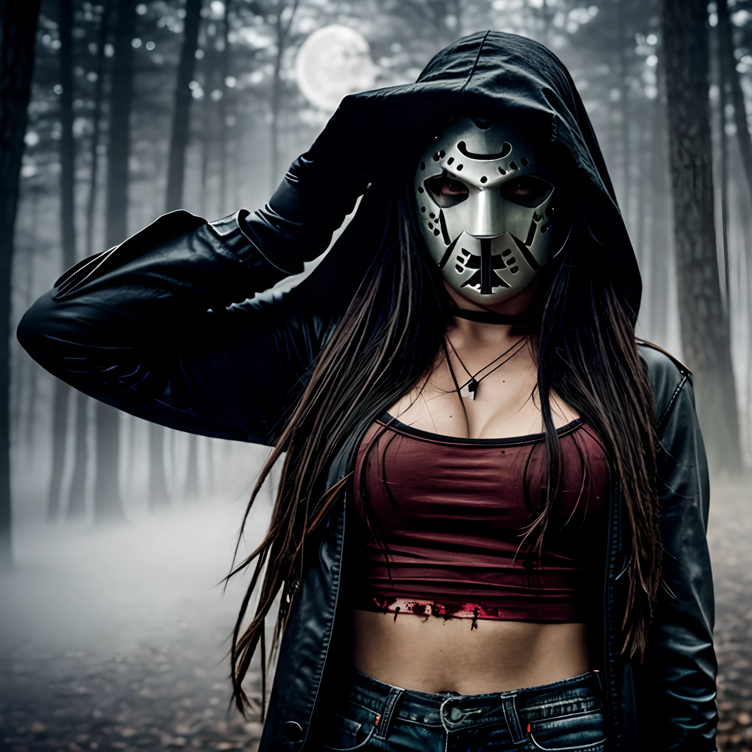 Generate a striking photograph of Autumn in her mid-20s, standing at approximately 5'4". She embodies a female version of Jason Voorhees from the Friday the 13th franchise. Her long, wavy chestnut hair cascades eerily over her shoulders, and her athletic hourglass figure, including her full bust, is cloaked in a sinister yet alluring manner. Her complexion is pallid, creating an eerie contrast with her dark attire.Cloaked in a gender-bent, menacing interpretation of Jason Voorhees' iconic attire, Autumn wears a tattered and blood-spattered hockey mask that conceals the upper part of her face. Her clothing consists of a weathered, blood-stained hockey jersey with the number 13, paired with distressed, dirt-covered jeans and heavy, mud-caked boots.The photoshoot takes place in a creepy, moonlit forest by the shores of Crystal Lake. The atmosphere is shrouded in fog, and the dim moonlight casts eerie shadows through the trees, creating a chilling ambiance.Autumn strikes poses that convey both malevolent power and eerie allure. She might menacingly wield a bloodied machete or axe, poised to strike, while her expressive brown eyes gleam malevolently through the eyeholes of the hockey mask. Her stance exudes a sinister confidence that captures the essence of Jason Voorhees.Intense look and makeup, asymmetrical mask design, photorealistic, moonlit lighting, ominous fog, reflective machete/axe blade, visible gore and bloodstains, chilling shadows, intricate, elaborate, hyper-realistic.