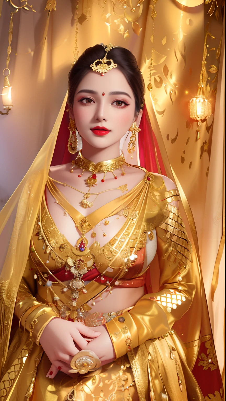 a close up of a woman in a golden outfit, traditional beauty, red lips, adorned with precious stones, very beautiful enga style, with professional makeup, traditional makeup, veils and jewels, indian style, big breast, wearing elegant jewellery, traditional, covered in jewels, wearing an ornate outfit, pearls and gold chains, indian, dressed in a sari, indian super model