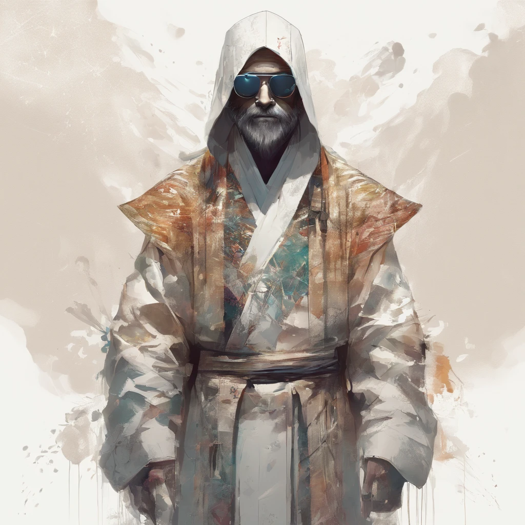 fullllbody,Perfect alignment, Sand monk in jacket，, Wearing sunglasses, cheerfulness, Standing, Abstract beauty, Centered, Approaching perfection, Dynamic, Highly detailed, Smooth, in 8K, hight resolution, Illustration, art by carne griffiths and wadim kashin, White background