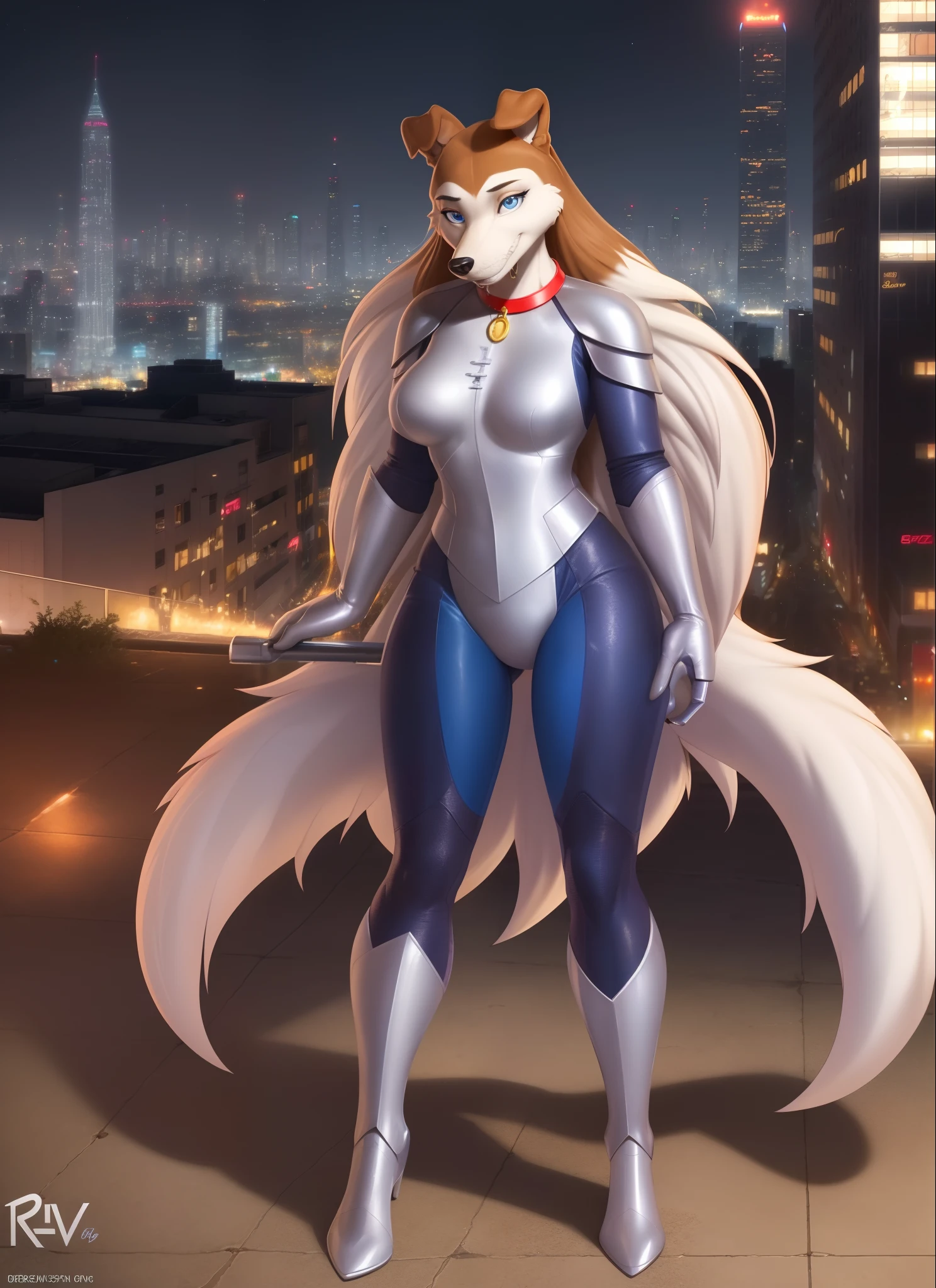 colleen, (costume:1.2), silver costume, furry female anthro, dog girl, solo, (body fur:1.2), (best quality), (detailed urban background:1.2), cinematic lighting, (detailed fluffy fur:1.1), looking at viewer, R, collar, grin,