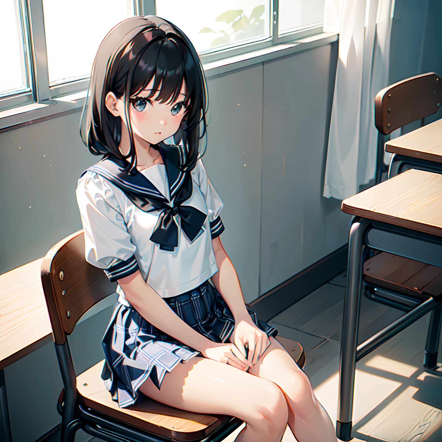 Beautiful attention to detail, Beautiful lip detail, Very detailed目と顔, Long eyelashes, 1 girl, Face close-up, inside the School, In the classroom, 18-year-old, Sweat, Dark skin, (Black hair, flipped out bob),dissatisfaction, Sulky, Sailor suit, Dark Blue, White shirt, Short sleeve, School, Dark Blue Skirt, Black Skirt, Knee-high socks, sneakers, School bag, Highest quality, 4K, 8k, High resolution, masterpiece:1.2, Very detailed, Realistic, photoRealistic, photo-Realistic:1.37, High resolution, 超High resolution, Studio Lighting, Ultra-fine painting, Sharp focus, Physically Based Rendering, Very detailed説明, Professional, Vibrant colors, Bokeh, Portraiture