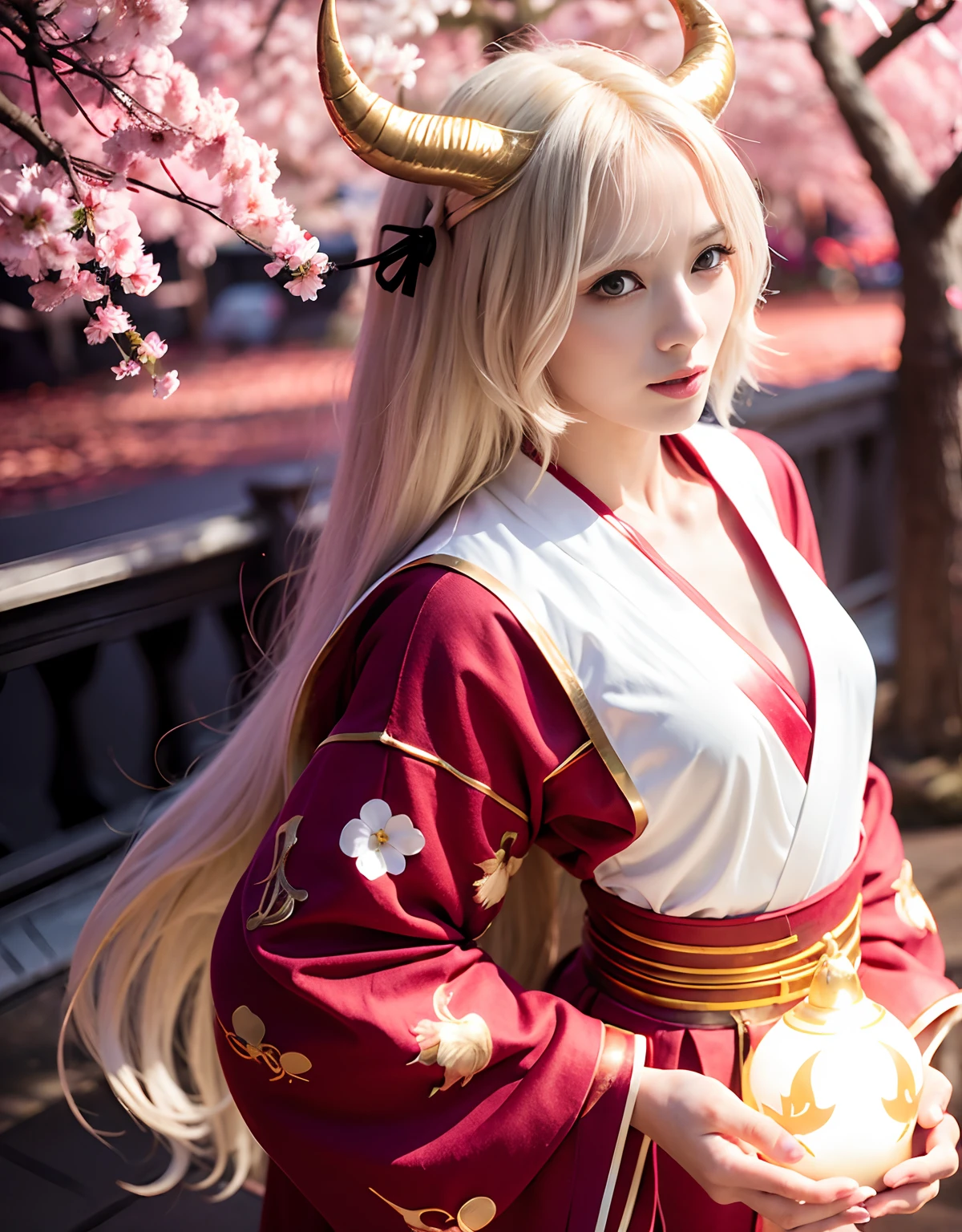 ((White ghost flies)),Professional , ​masterpiece、top-quality、photos realistic , depth of fields 、（Various poses）、(Background of cherry blossoms in full bloom),（Ultimate Beauty）、（A dark-haired）、（Fight ninjas)、Mystical expression、（Kimono with scary pattern）、（Night background）、Precipitous cliffs、（（Devil's Wings Grow））,(Wear a kimono with a horror pattern),Armpit、（Wearing colorful and beautiful kimonos）、Jewel Gold Weapon、Particles of light),（Has a devil's mask）、Gorgeous gold weapons ,Skeleton population、（（ Gorgeous Dragon Sword）） , （a dark night）,,（White ghost flies） 、（（Black Haired Beautiful Girl））、（Castle background）、（demonic wings）、（（Gangle's forest background））、Beautiful Caucasian beauty、１a person、dynamic ungle,(((Two devil's horns on the head)))、Smaller head、Idle Smile、Thin and beautiful female hands、Mystical expression、Light Effects、intense fighting、Wind-effect、magic circles、With the legendary magic wand、Dragon's tail、