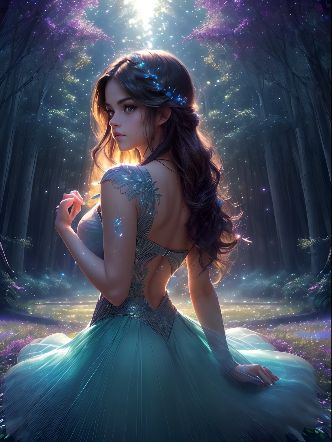 (((((Selena Gomez:Emma Watson:0.8, mystical forest, twilight, vibrant, sentient plants, magical pollen, mesmerizing dance of lights, colors among trees, breathtaking natural light show, masterpiece, 8k, oil painting)))), long exposure, professional photograph, soft focus, mystical atmosphere, unreal engine, trending on ArtStation, ((woman's detailed face, detailed expression, eyes reflecting the light show, woman's hair flowing, detailed plants and trees), ambient lighting, depth of field effect, detailed pollen particles, soft, ethereal glow, magical, dreamy, surreal))