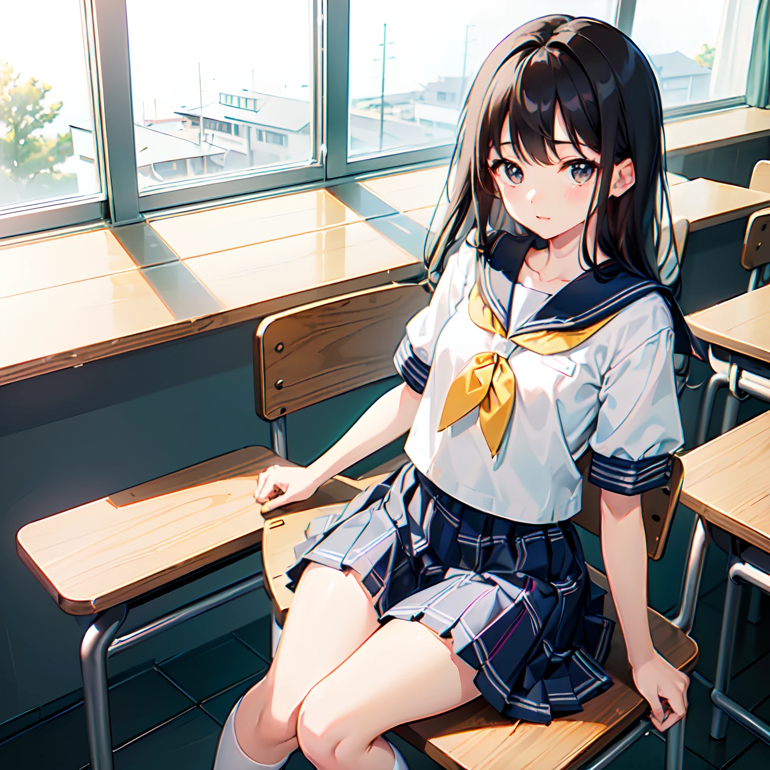 1girl,solo,yuuki mikan,, ,brown hair,, ,1girl,,,small breasts,,classroom,white shirts,ribbon,pleated skirt,socks,shoes,sitting