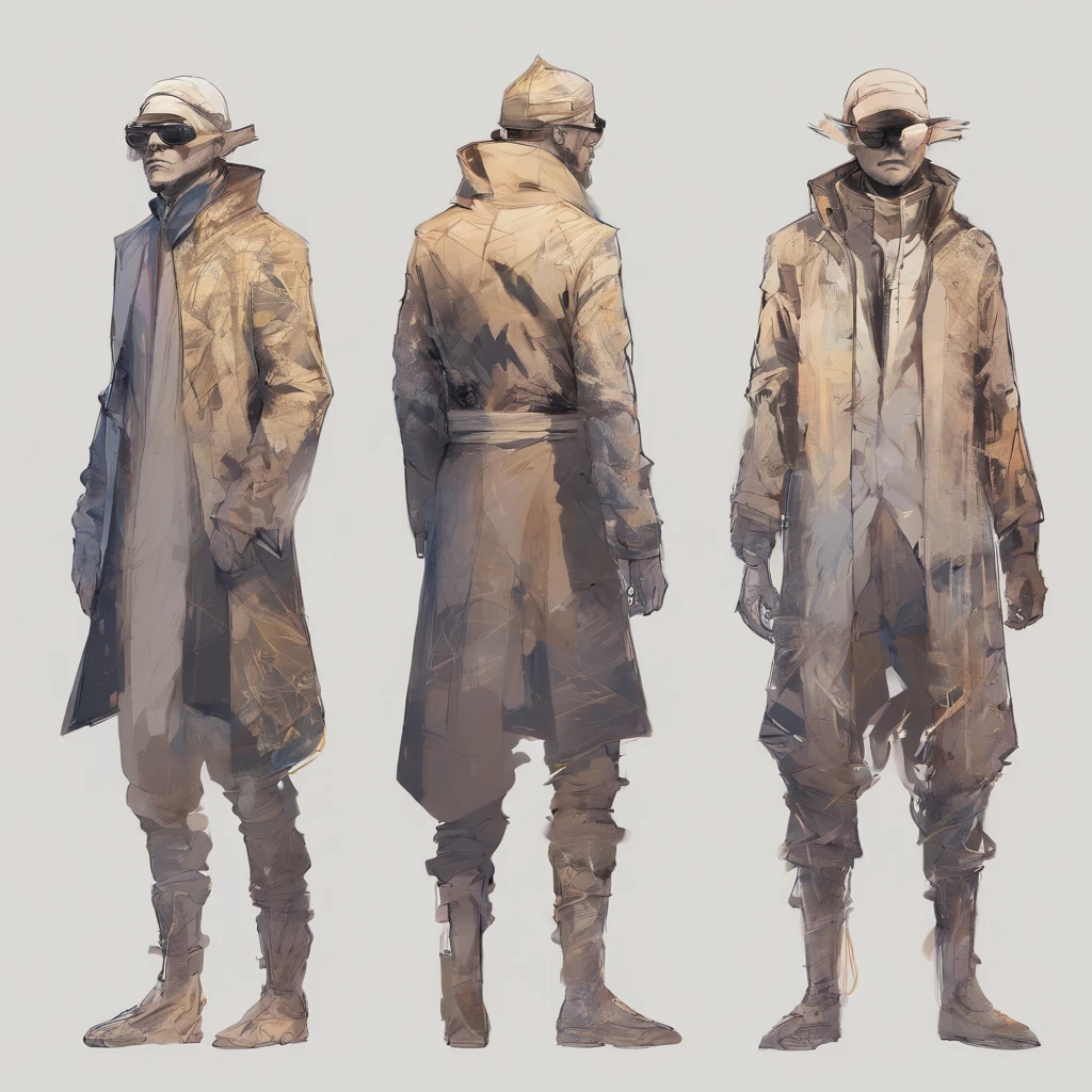 fullllbody,Perfect alignment, Sand monk in jacket,, Wearing sunglasses, cheerfulness, Standing, Abstract beauty, Centered, Approaching perfection, Dynamic, Highly detailed, Smooth, in 8K, hight resolution, Illustration, art by carne griffiths and wadim kashin, White background