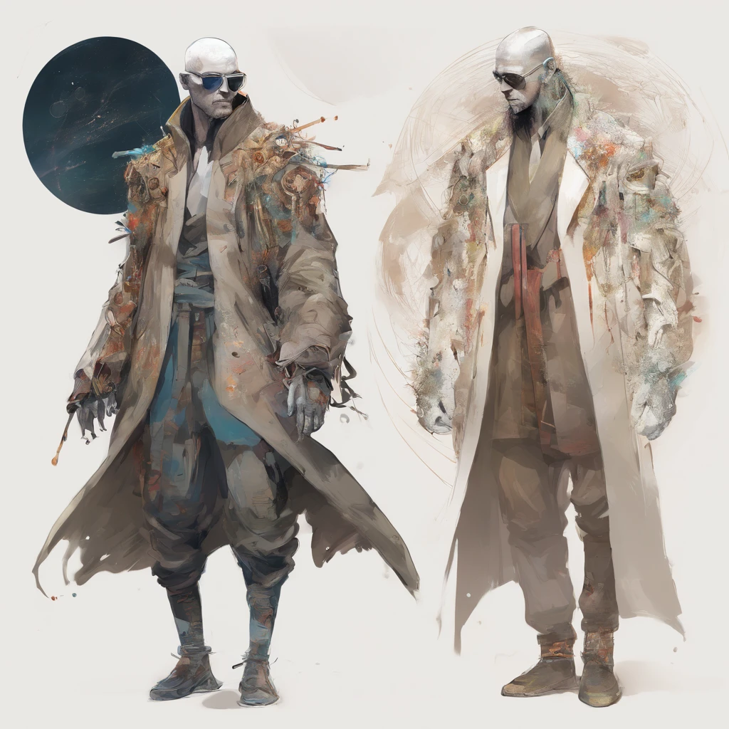 fullllbody,Perfect alignment, Sand monk in jacket,, Wearing sunglasses, cheerfulness, Standing, Abstract beauty, Centered, Approaching perfection, Dynamic, Highly detailed, Smooth, in 8K, hight resolution, Illustration, art by carne griffiths and wadim kashin, White background