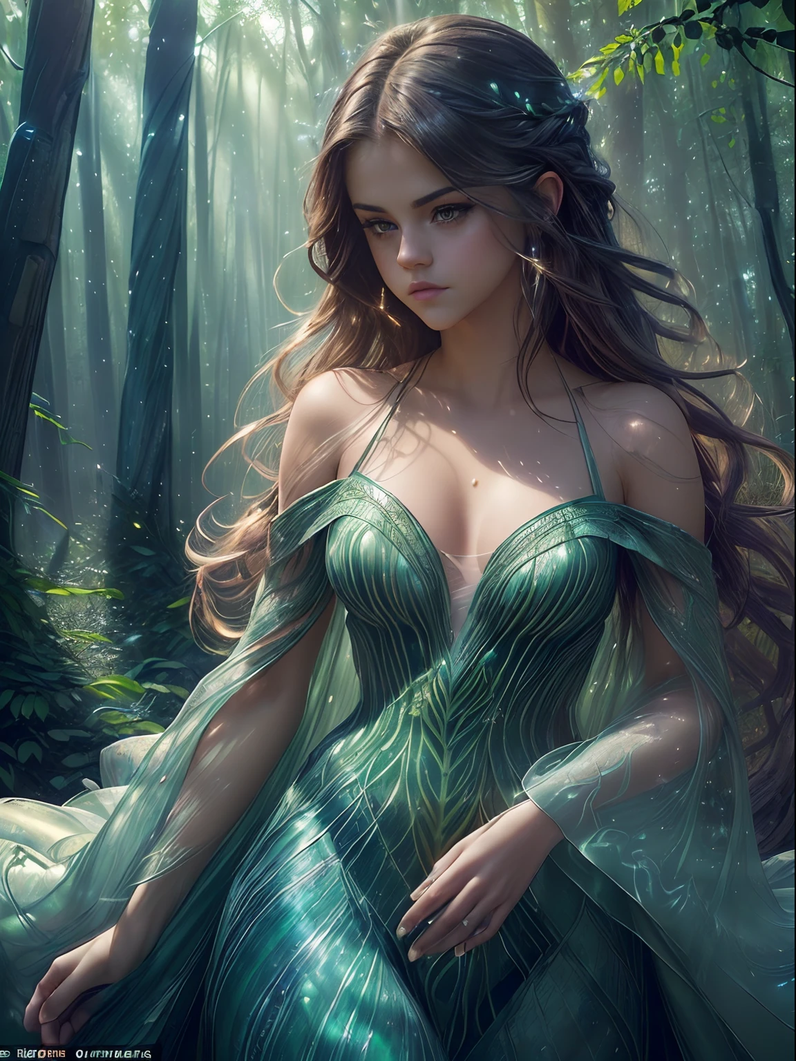 (((((Selena Gomez:Emma Watson:0.8, mystical forest, twilight, vibrant, sentient plants, magical pollen, mesmerizing dance of lights, colors among trees, breathtaking natural light show, masterpiece, 8k, oil painting)))), long exposure, professional photograph, soft focus, mystical atmosphere, unreal engine, trending on ArtStation, ((woman's detailed face, detailed expression, eyes reflecting the light show, woman's hair flowing, detailed plants and trees), ambient lighting, depth of field effect, detailed pollen particles, soft, ethereal glow, magical, dreamy, surreal))