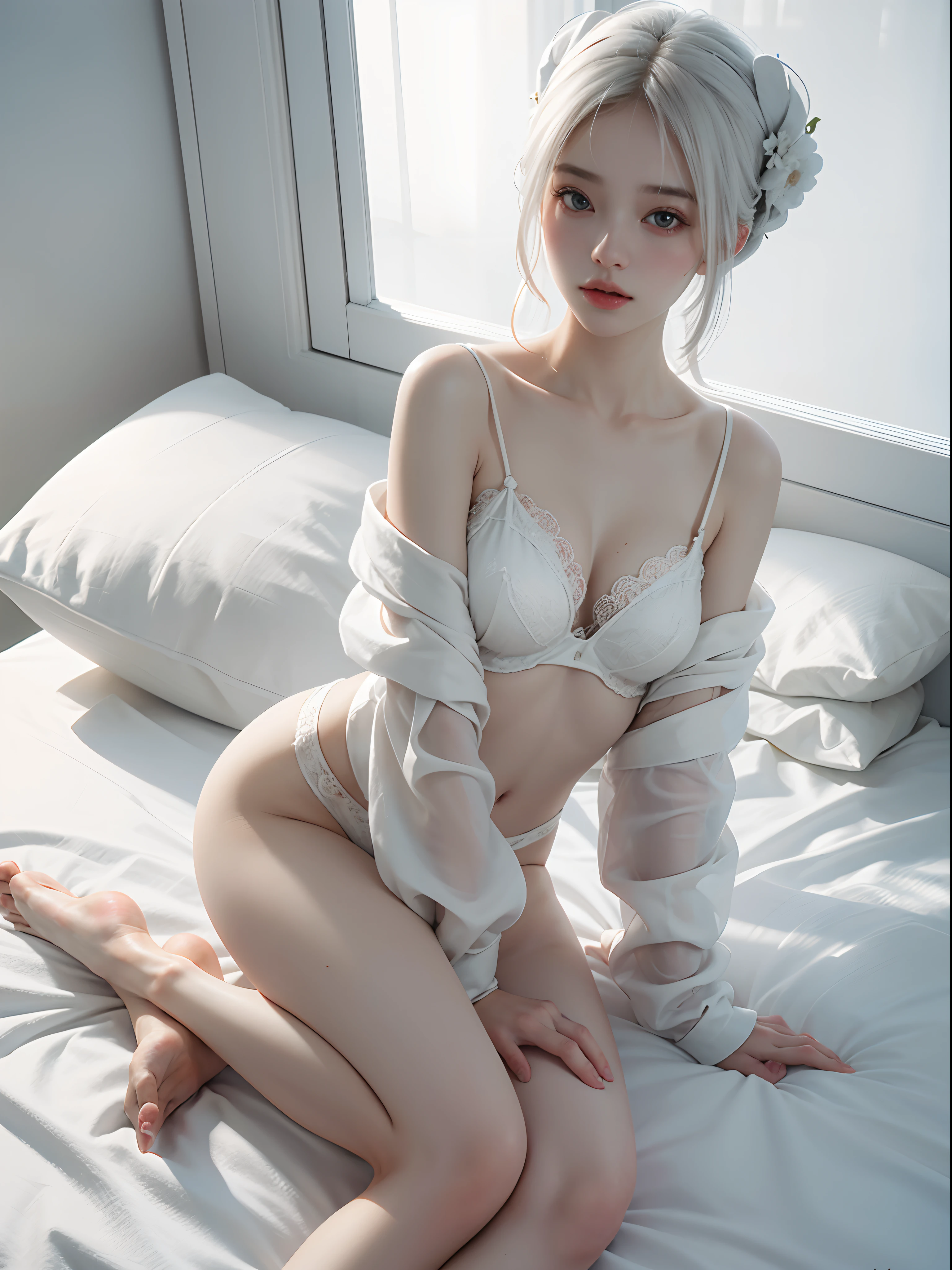 Best quality, masterpiece, ultra high res, (photorealistic:1.4), raw photo, 1girl, off shoulder, araffe woman in white lingerie sitting on a bed, a pastel by Leng Mei, tumblr, dau-al-set, white silky outfit, pale milky white porcelain skin, smooth white tight clothes suit, in white clothes, pale snow white skin, milky white skin, ethereal beauty, captivating and enticing, very ethereal, white hanfu