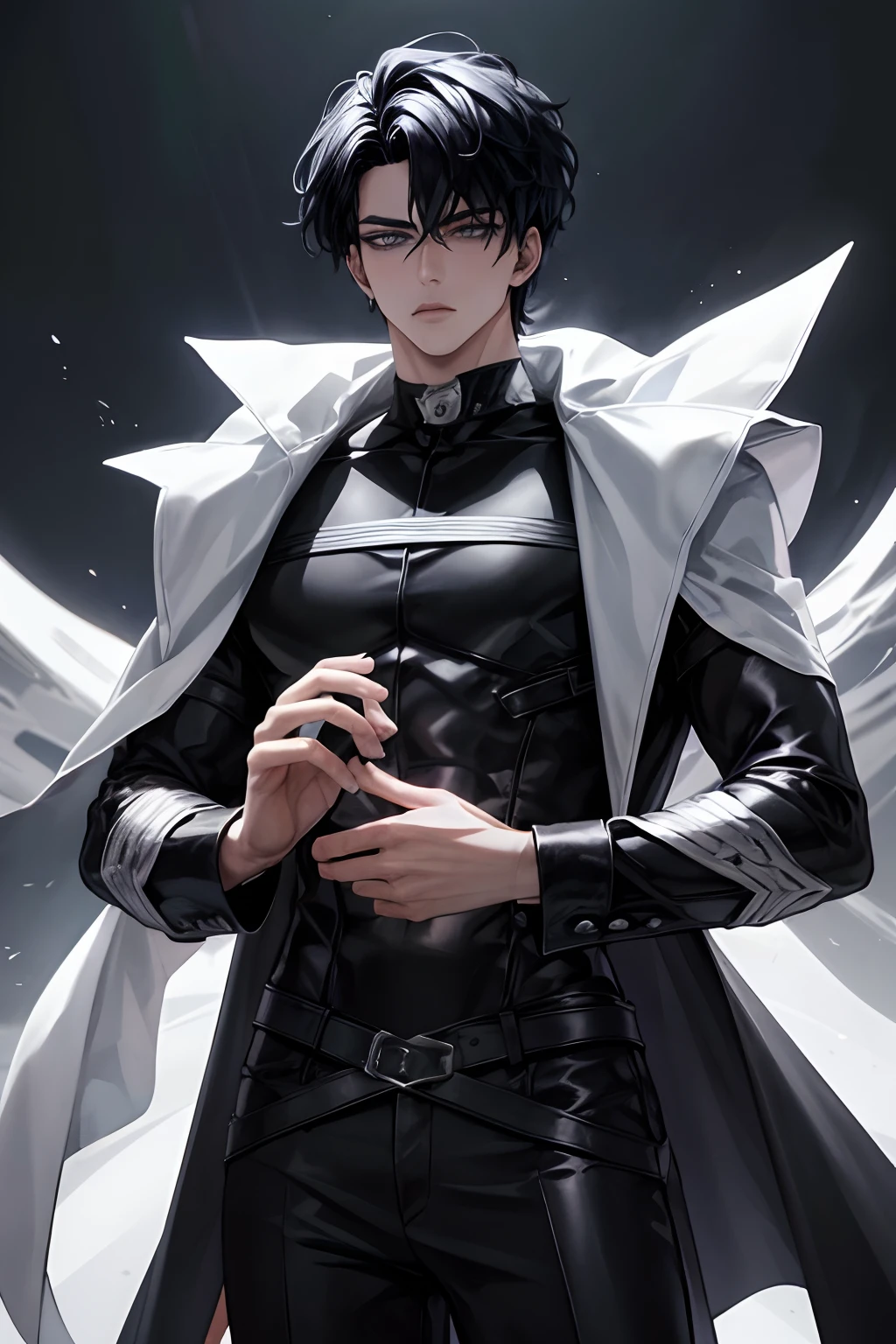 Manhwa Arte Europeo, 25 years old man, Pelo desordenado de la cabecera, Cabello negro azabache, ojos penetrantes, Iris gris, cejas gruesas, Llevar abrigo negro con el logotipo de calavera demoniaca, razor-sharp jawline, mirada penetrante, Cold and mysterious character, 8k, Detailed features, muy guapo