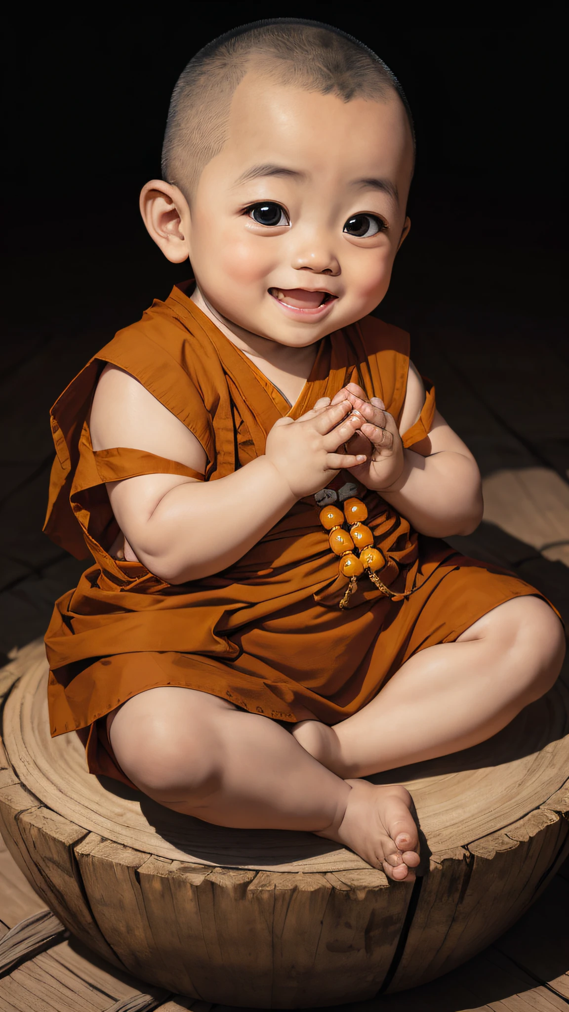 ((1cute little monk))A cute little monk (real person) with big eyes and bright eyes, about 2 , chubby, smiling, with his hands clasped together, sitting cross-legged, wearing Buddhist beads, he is about two years olds hands clasped together , the background has Buddha’s light high definition and more details