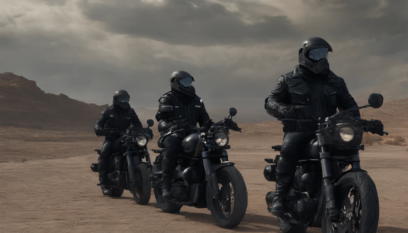 epic cinematic still shot showing 4 Skull Core motorcycle gang wearing their signature chrome Skull helmets with glowing eyes wearing all black leather motorcycle jackets facing off against army forces depicted as many villainous dark furry silverback gorilla men wearing all black military gear armed with random real life military weapons in a epic desert showdown. max quality.