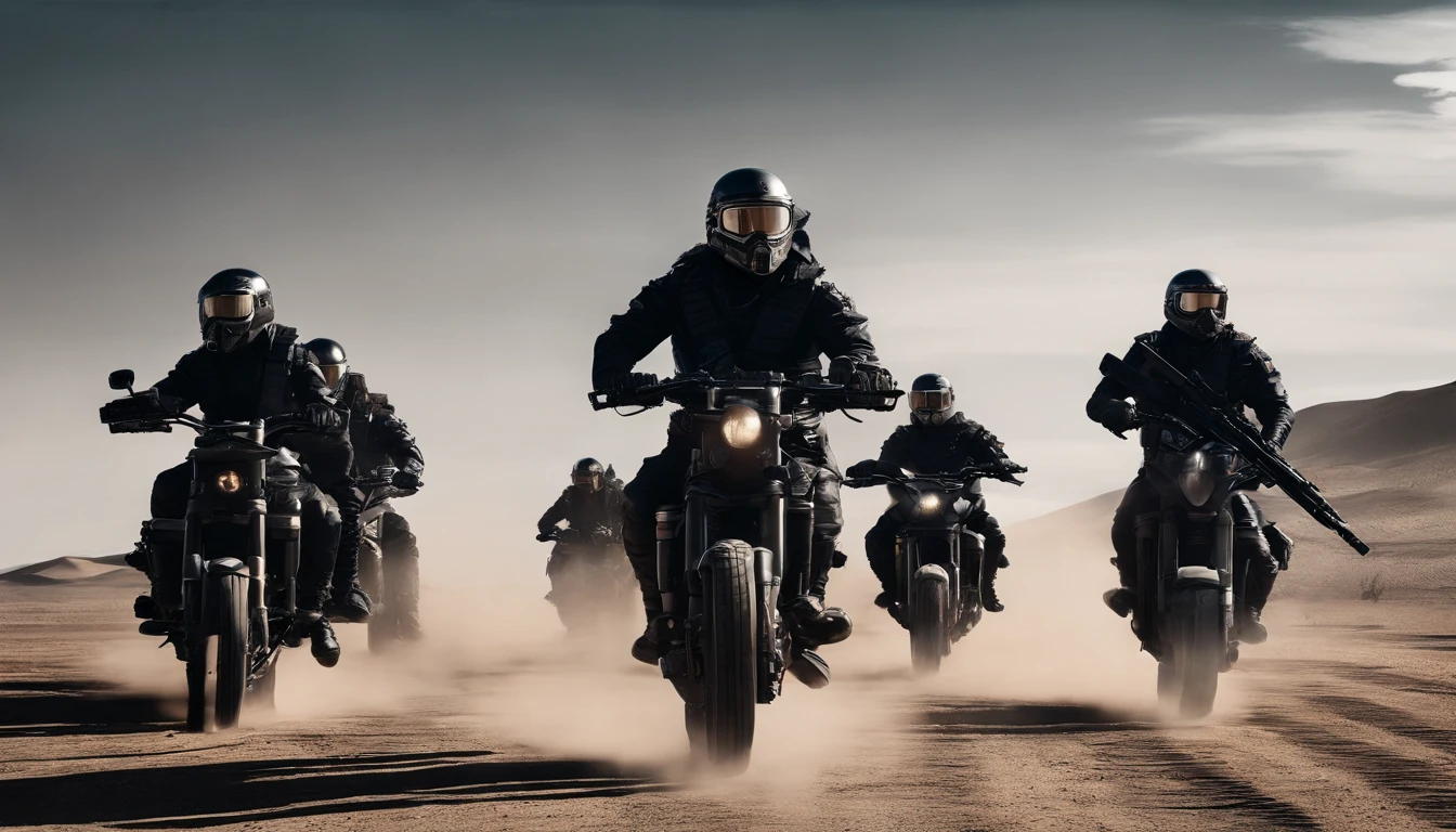 epic cinematic still shot showing 4 Skull Core motorcycle gang wearing their signature chrome Skull helmets with glowing eyes wearing all black leather motorcycle jackets facing off against army forces depicted as many villainous dark furry silverback gorilla men wearing all black military gear armed with random real life military weapons in a epic desert showdown. max quality.