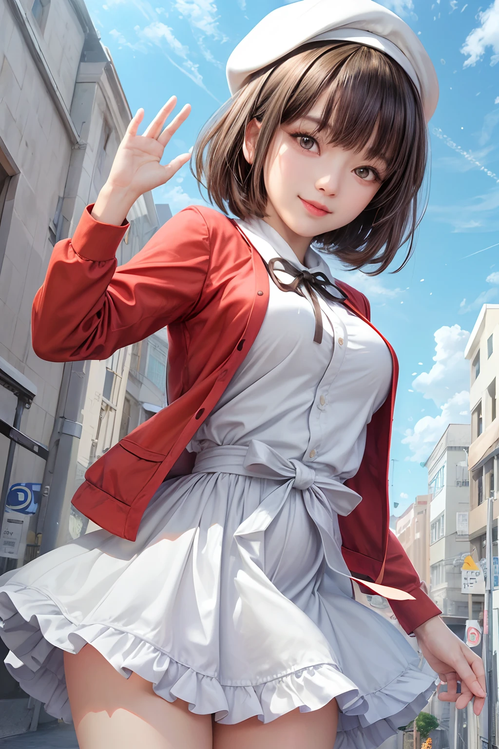 (masutepiece, top-quality),1girl in, 独奏, Black lustrous hair, scarf, Hats, realisitic, looking at the viewers, black eyes of light color, shorth hair, coat, Winter clothes, White headscarf, s lips, lipgloss,bangss,, a closed mouth, The upper part of the body、big eye、Lashes、((Street))、((Shorthair with bangs、big eye、Put very strong highlights in your students、very Bigger breasts、gazing at viewer、Very beautiful beauty、Put all your ears out、long neck、little smiling、Close your mouth and smile、Look firmly at the camera)))、