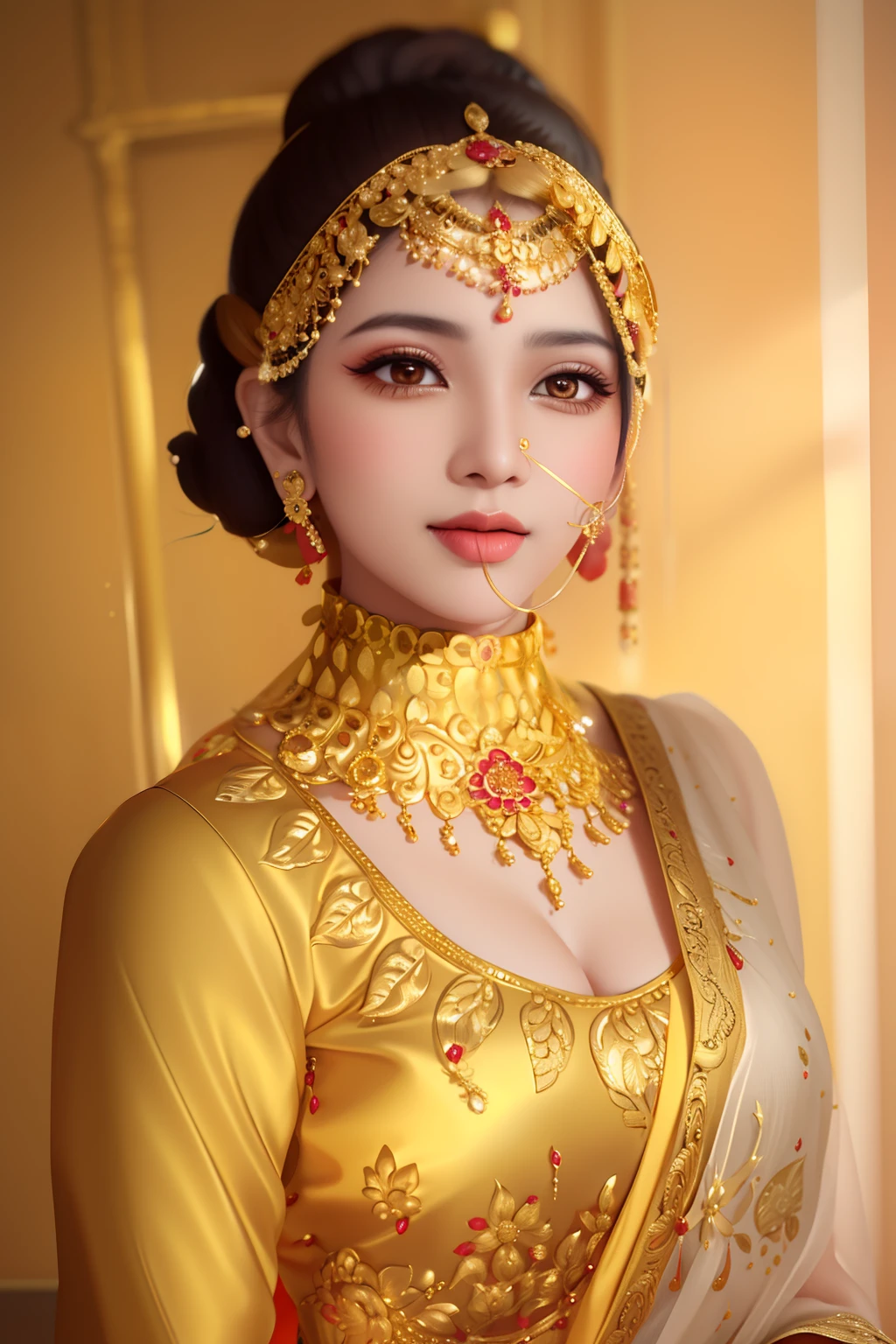 a woman in a golden dress with a gold necklace and earrings, assamese aesthetic, with professional makeup, traditional makeup, traditional beauty, very beautiful enga style, wearing gold jewellery, full makup, wearing elegant jewellery, inspired by Saurabh Jethani, wearing jewellery, indian, gold and red, adorned with precious stones, red and gold, breast, flower bun