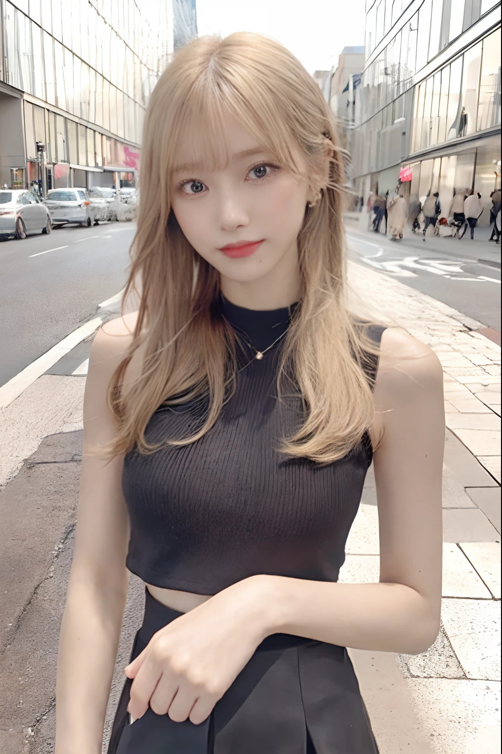 (Best Quality, masutepiece, Ultra HD: 1.3),(Realistic),Hyper-Realism,blondehair,eye make up:0.5,Pure bangs,hide one's hands,Black tight skirt,Black tops,Delicate lips,(beautidful eyes),(slender figures),thin blush,View here,in the city street,a smile,smil