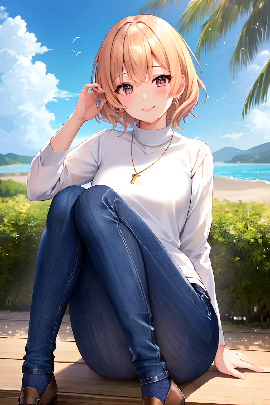 (masutepiece:1.3), High resolution, ultra-detailliert, the Extremely Detailed CG Unity 8K Wallpapers, Realistic, Photorealsitic, Raw photo, beautifull detailed face, pale skin, realistic glistening skin, Detailed Cloth Texture, detailed hair texture, Perfect body, Beautiful face, acurate, Anatomically correct, Highly detailed face and skin texture, Natural neck length, (Beautiful hands), (Fair skin:1.2), thin legs, Thin feet, Aligned teeth, beautiful  lighting、femele、Tight jeans、blonde  hair、(White sweater:1.2)、v neck、a necklace、is standing、on the park、beautful view、little blush、（cute smile face：1、1）、（shiny lip：1.1）、（beautidful eyes：1.2）、amazing background、Hair with mouth closed、D on the back of the arm_Back、short-hair