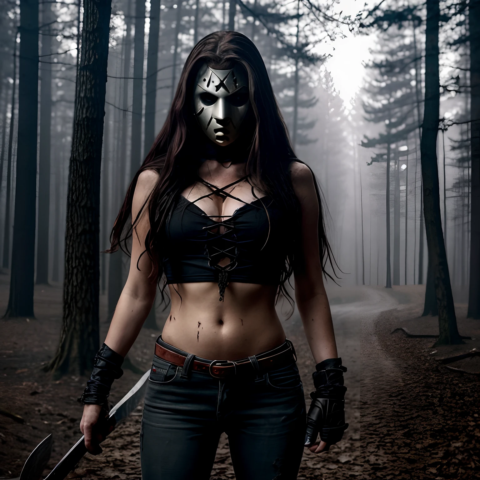 Mulher  lycan, eye fire, dentes pontudos, long nail stileto black,
Hair black liso, longo, body nude blood, bird in the arm
Shotgum hand
