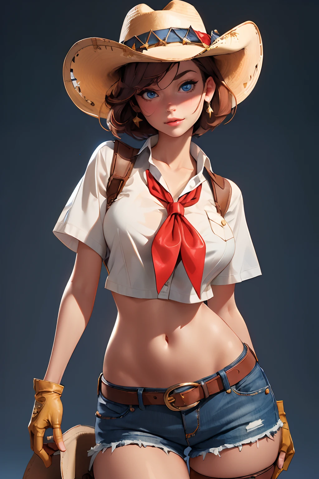 (((((solo))))),(((((masterpiece))))), (((((best quality))))),(((((highly detailed))))), finely detailed, Depth of field,detailed clothes, highres,
1girl, bangs, (beautiful detailed face:1.3), collarbone, collared shirt, ((white shirt)), button down to show cleavage, show belly, blue eyes, golden hair, cleavage, ((cowboy)), (cowboy hat:1.3), short gloves. fingerless gloves, hat, medium breasts, navel, neckerchief, red neckerchief, short hair, short shorts, shorts, healthy thighs, gun belt ,cowboy western, sunny desert background, thigh gap