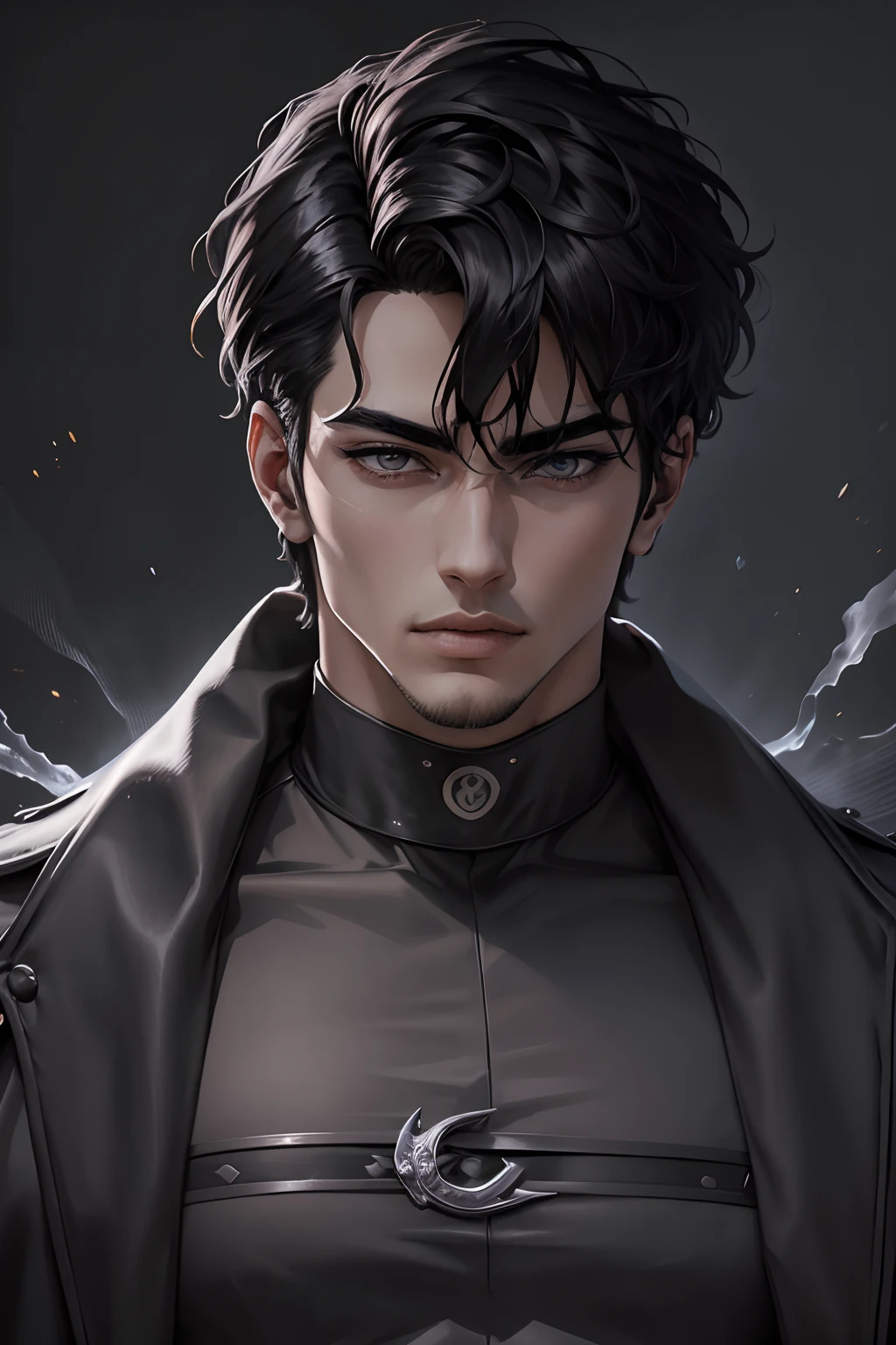 Manhwa Arte Europeo, 25 years old man, Pelo desordenado de la cabecera, Cabello  azabache, ojos penetrantes, Iris gris, cejas gruesas, Llevar abrigo  con el logotipo de calavera demoniaca, razor-sharp jawline, mirada penetrante, Cold and mysterious character, 8k, Detailed features, muy guapo